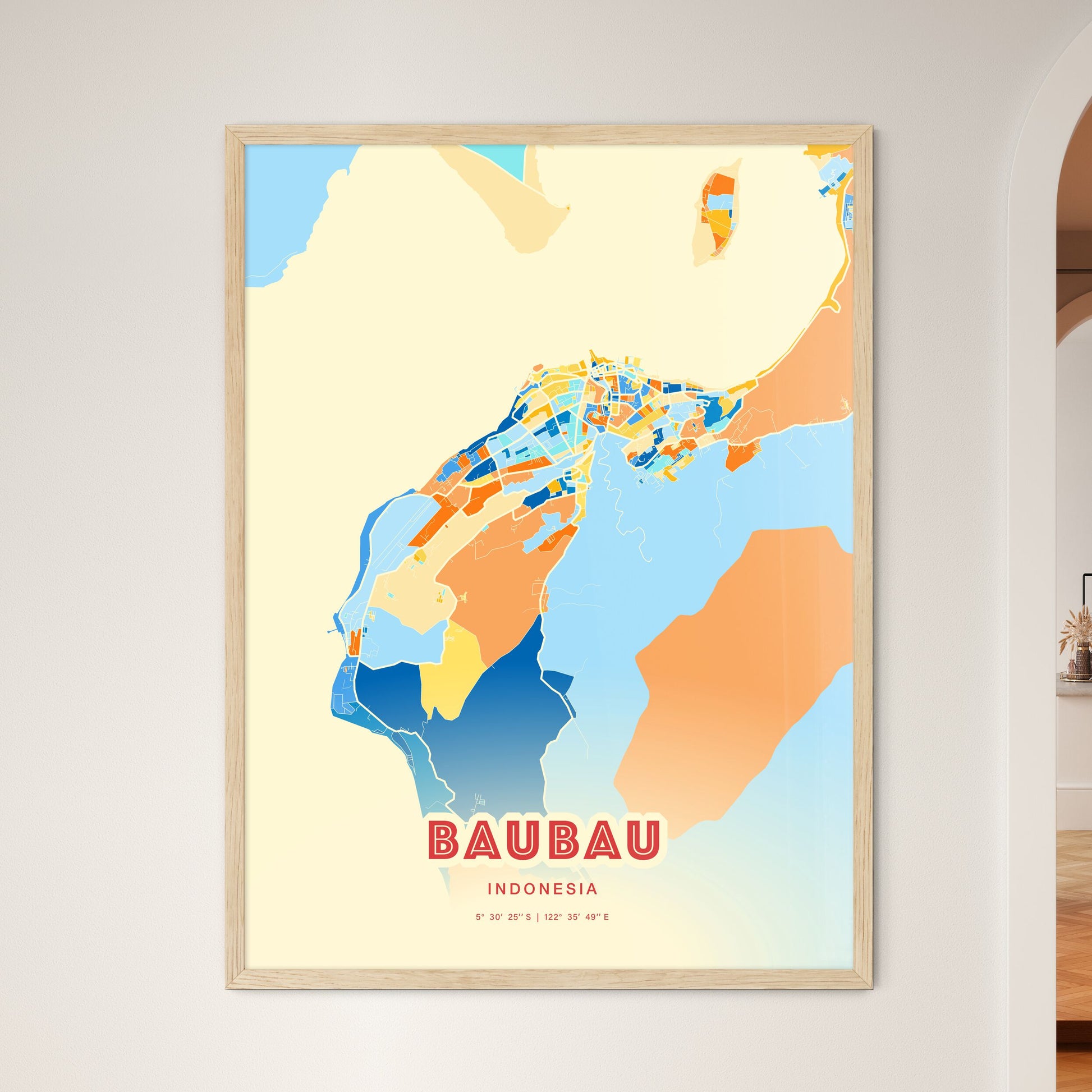 Colorful BAUBAU INDONESIA Fine Art Map Blue Orange