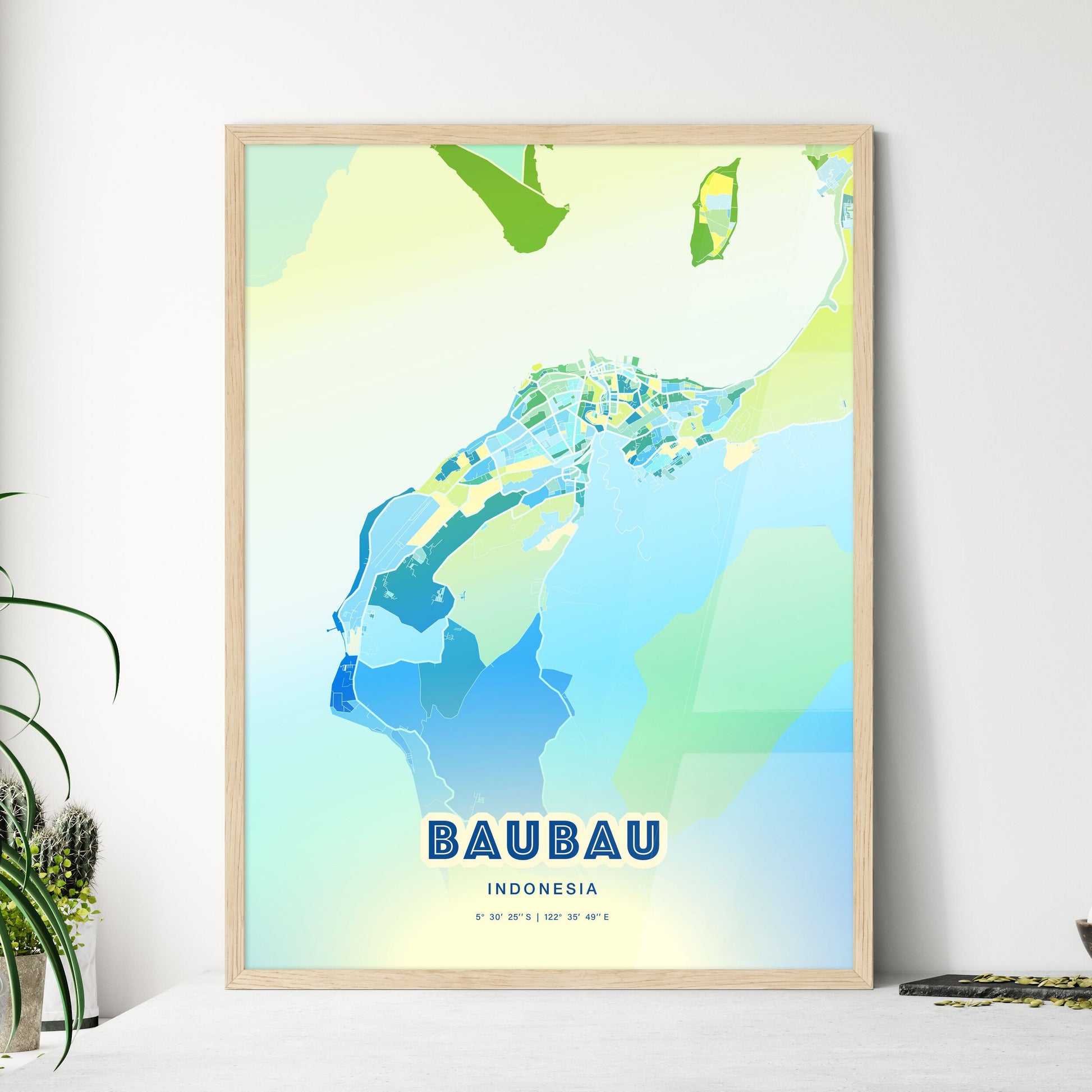 Colorful BAUBAU INDONESIA Fine Art Map Cool Blue