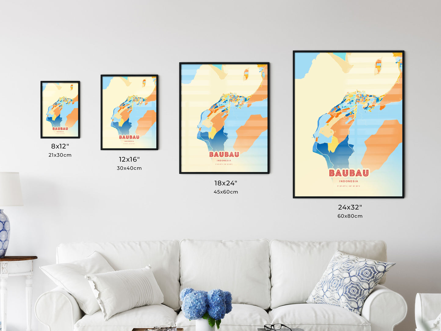 Colorful BAUBAU INDONESIA Fine Art Map Blue Orange