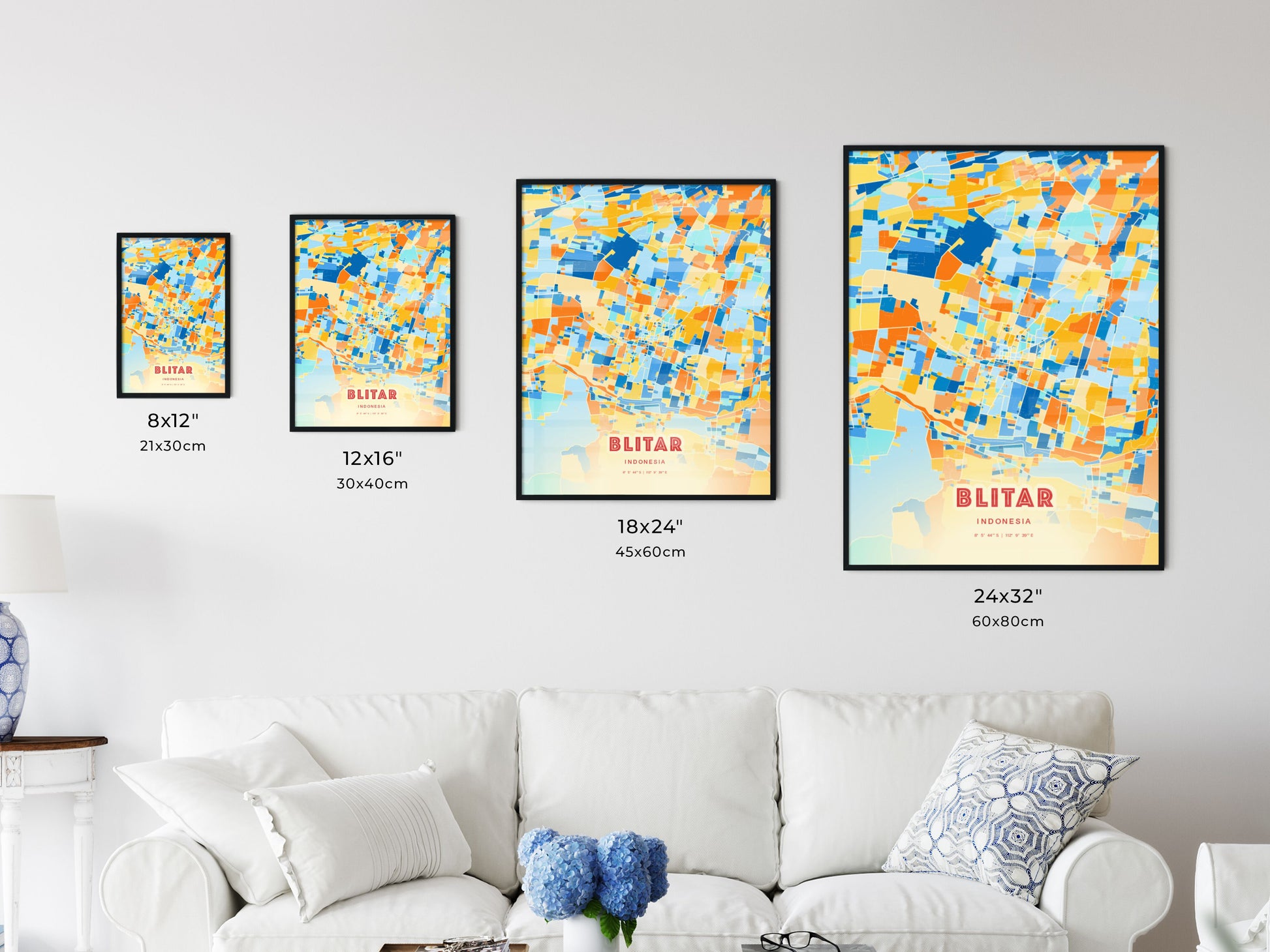 Colorful BLITAR INDONESIA Fine Art Map Blue Orange