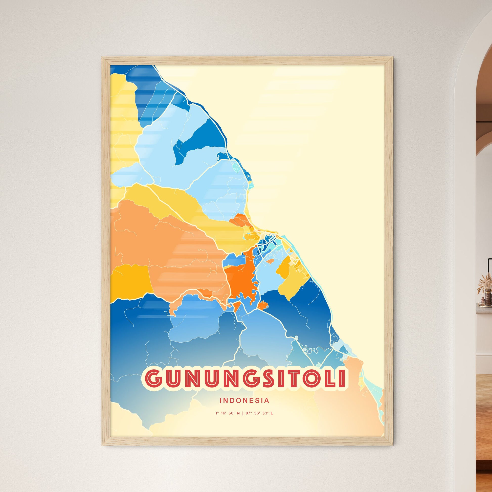 Colorful GUNUNGSITOLI INDONESIA Fine Art Map Blue Orange