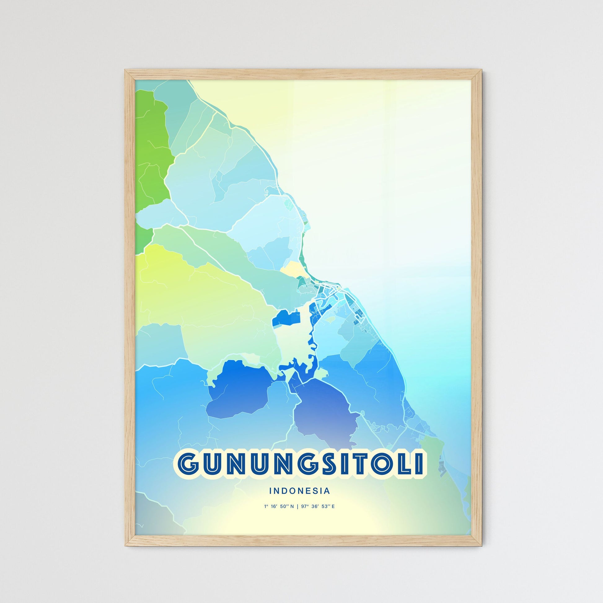 Colorful GUNUNGSITOLI INDONESIA Fine Art Map Cool Blue