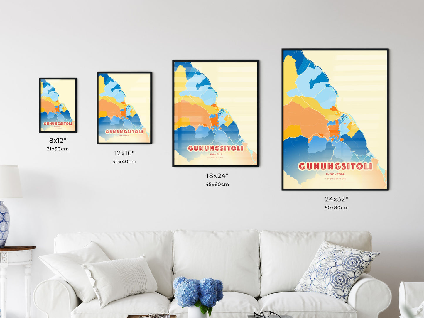 Colorful GUNUNGSITOLI INDONESIA Fine Art Map Blue Orange