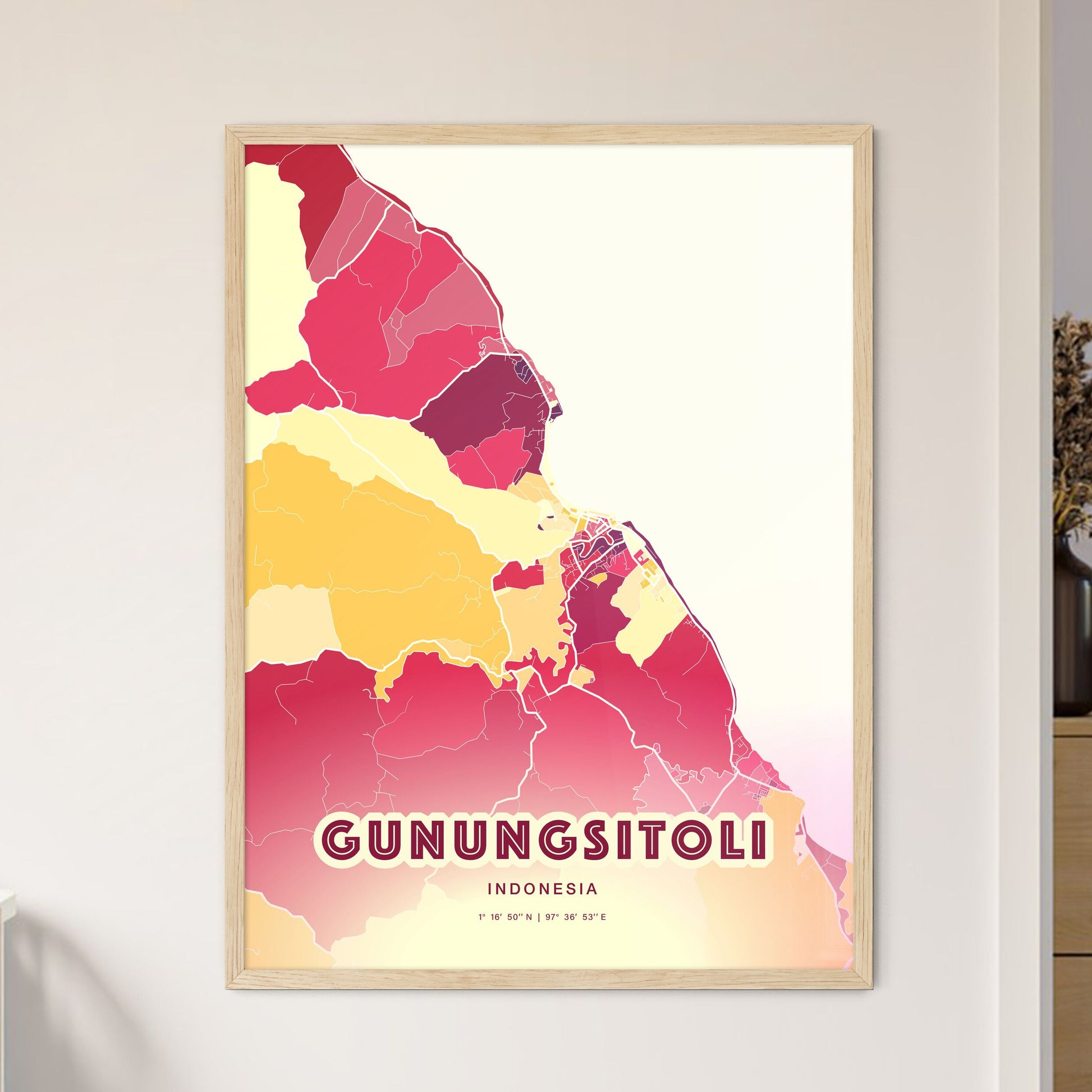 Colorful GUNUNGSITOLI INDONESIA Fine Art Map Hot Red