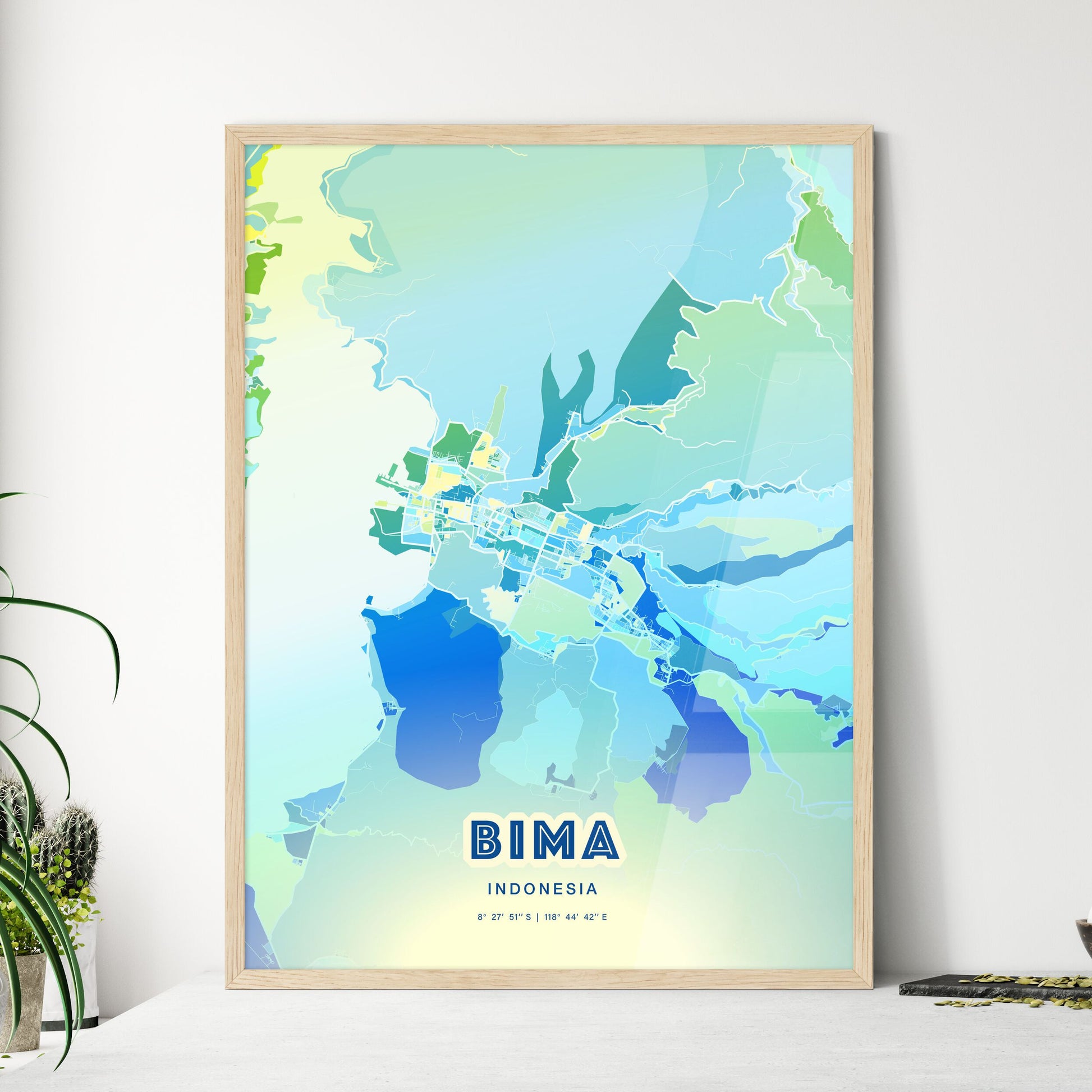 Colorful BIMA INDONESIA Fine Art Map Cool Blue