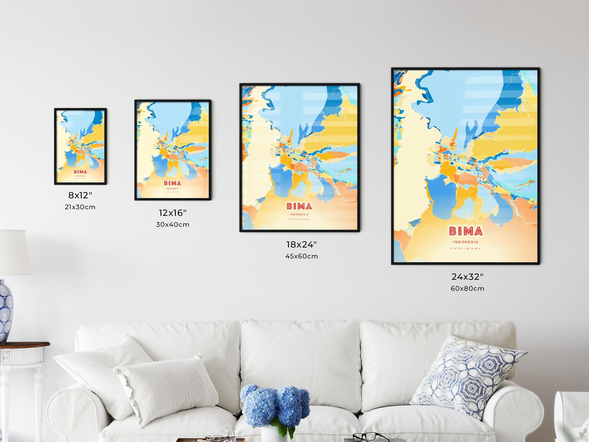 Colorful BIMA INDONESIA Fine Art Map Blue Orange