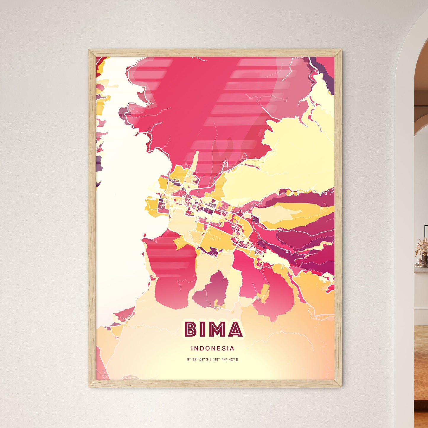 Colorful BIMA INDONESIA Fine Art Map Hot Red