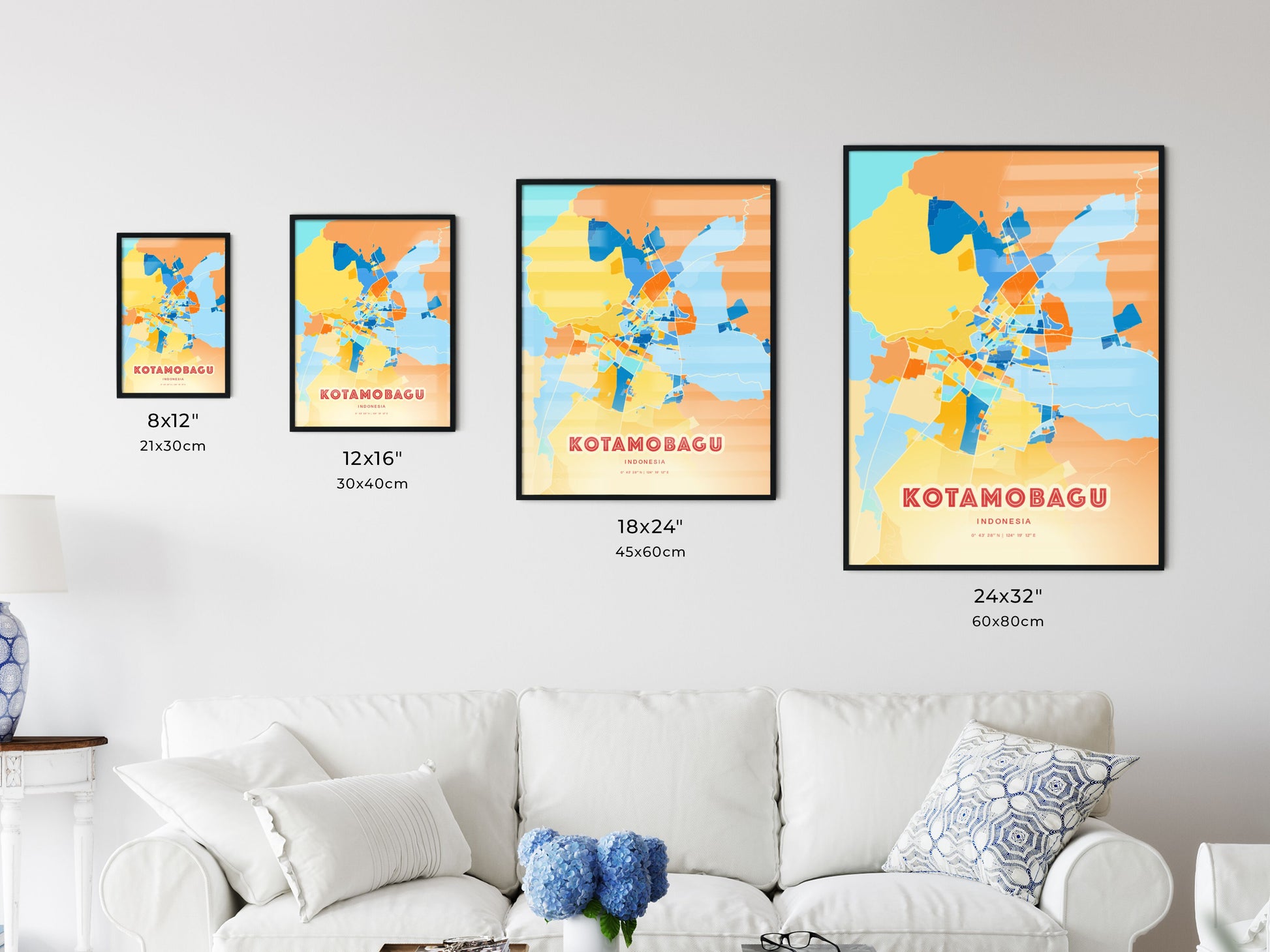 Colorful KOTAMOBAGU INDONESIA Fine Art Map Blue Orange