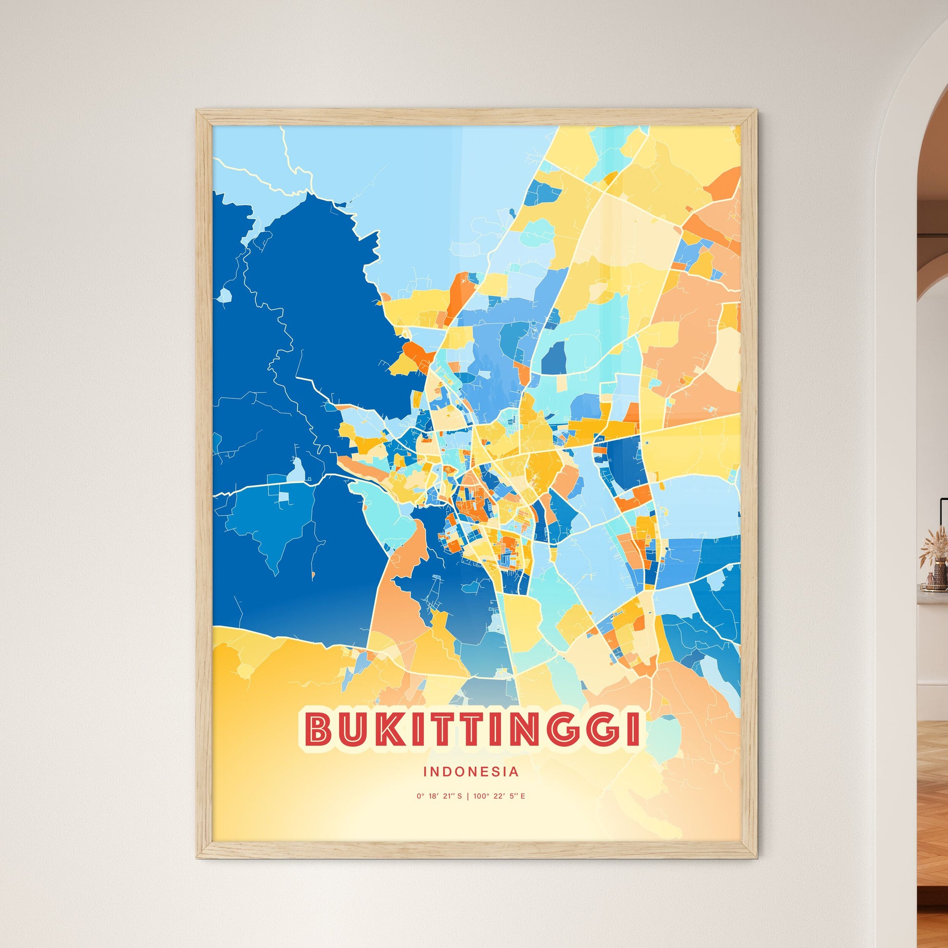 Colorful BUKITTINGGI INDONESIA Fine Art Map Blue Orange