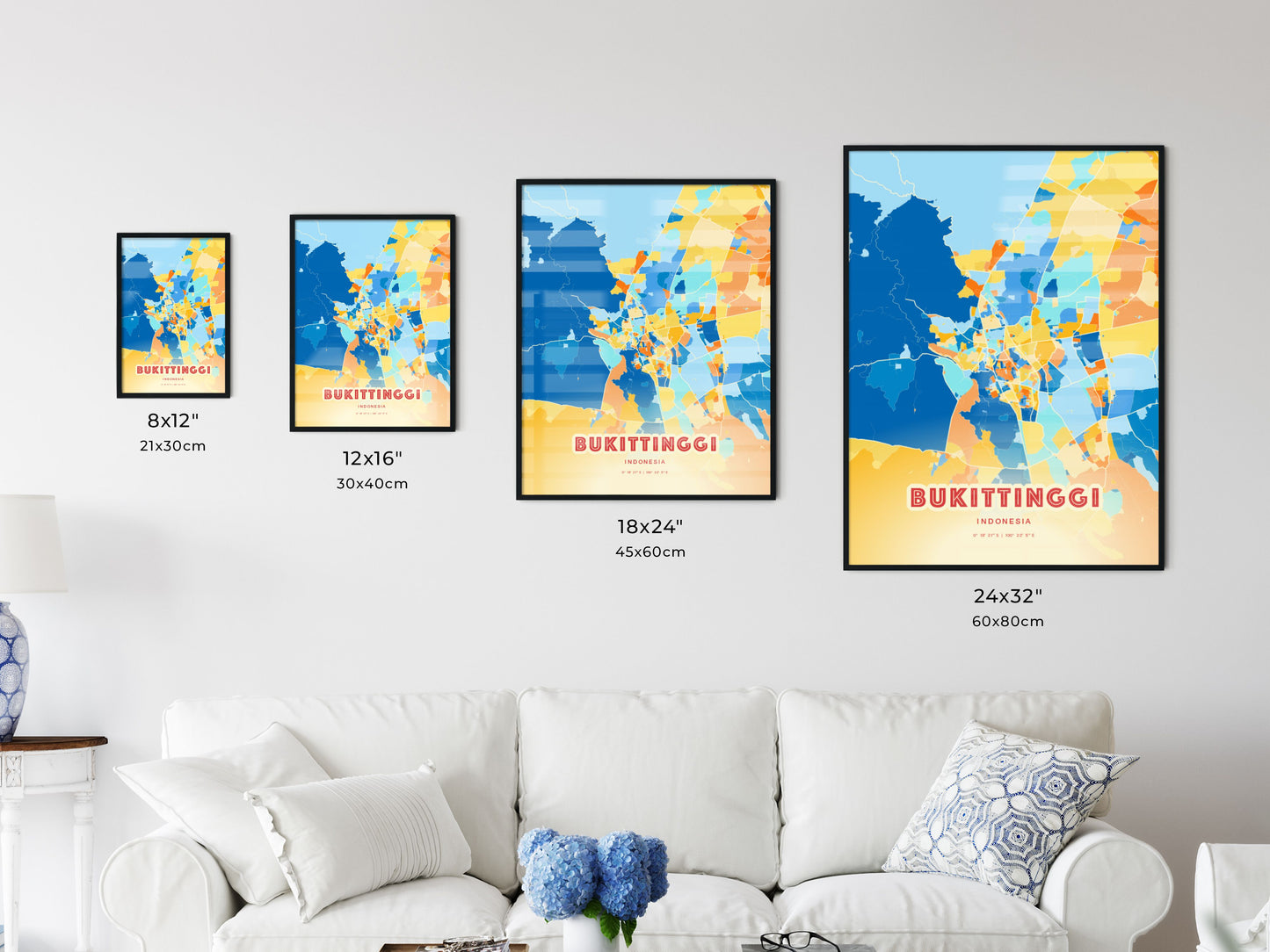 Colorful BUKITTINGGI INDONESIA Fine Art Map Blue Orange