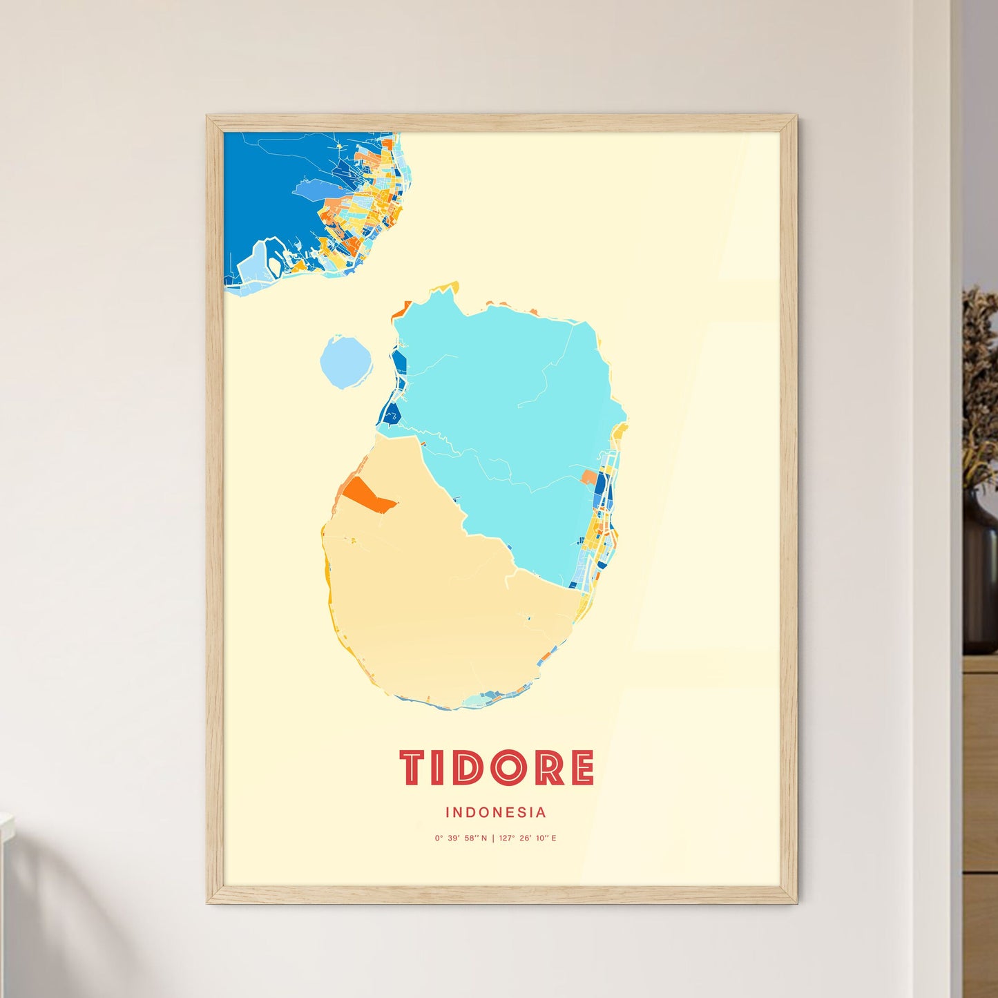 Colorful TIDORE INDONESIA Fine Art Map Blue Orange