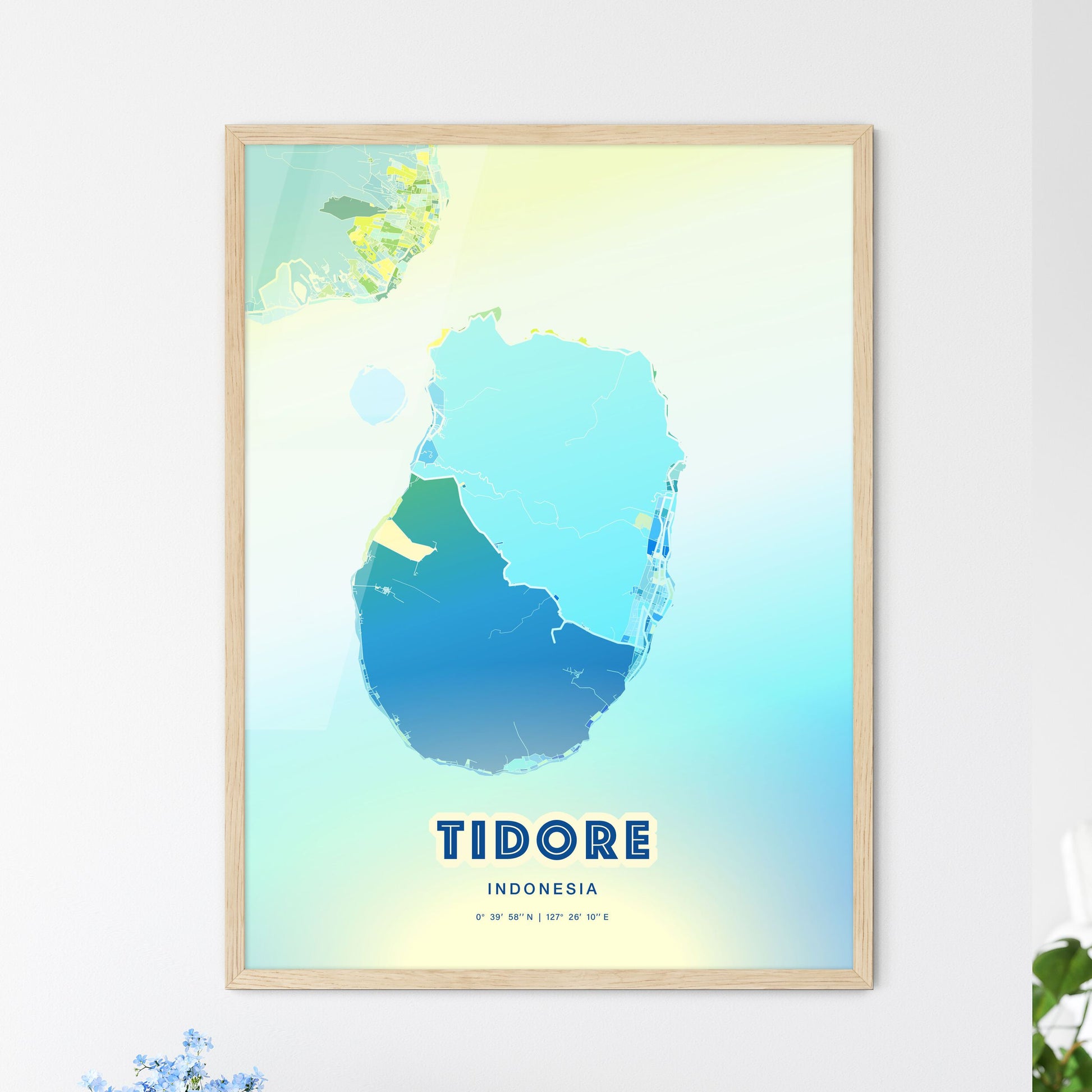 Colorful TIDORE INDONESIA Fine Art Map Cool Blue