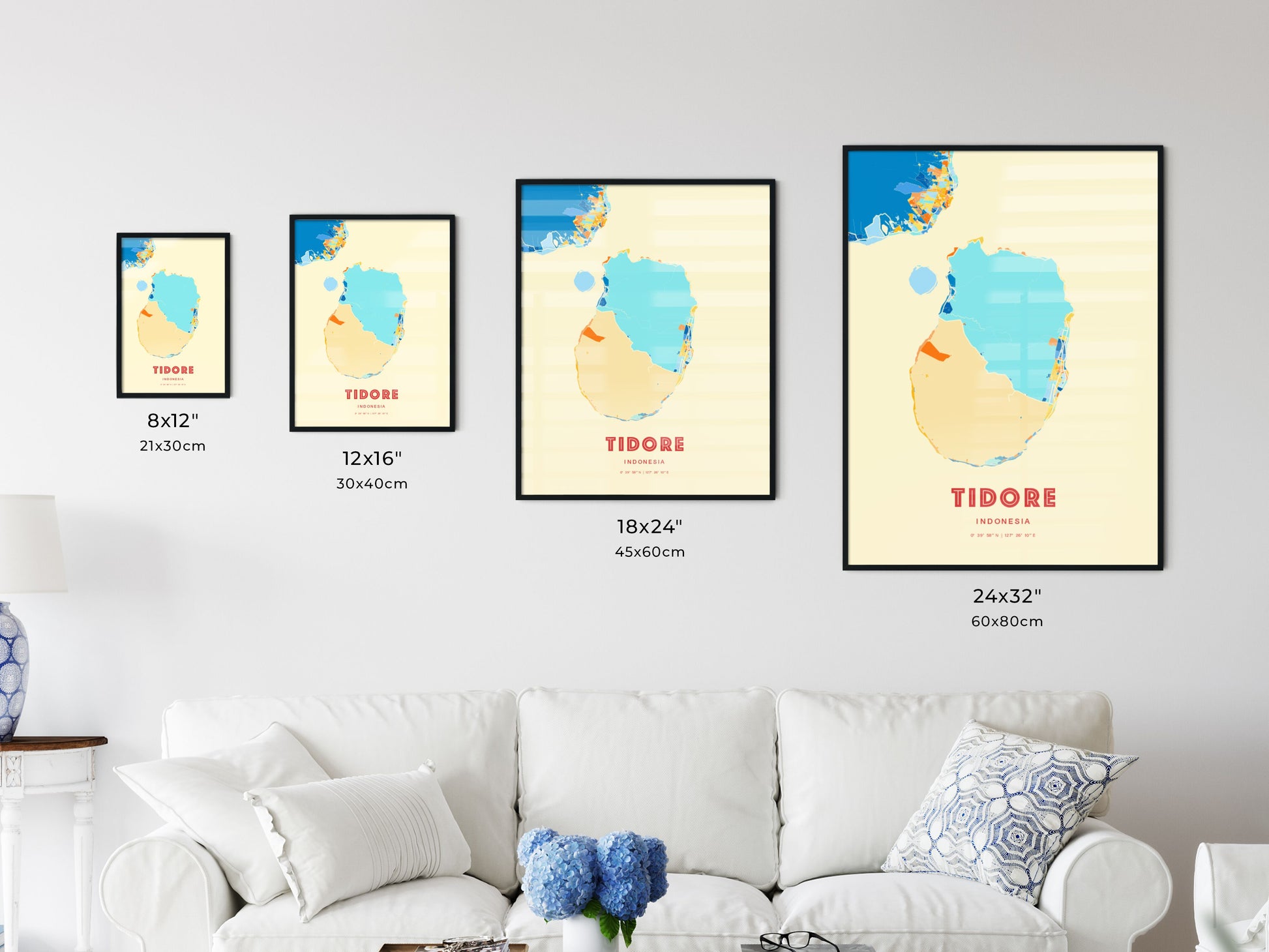 Colorful TIDORE INDONESIA Fine Art Map Blue Orange