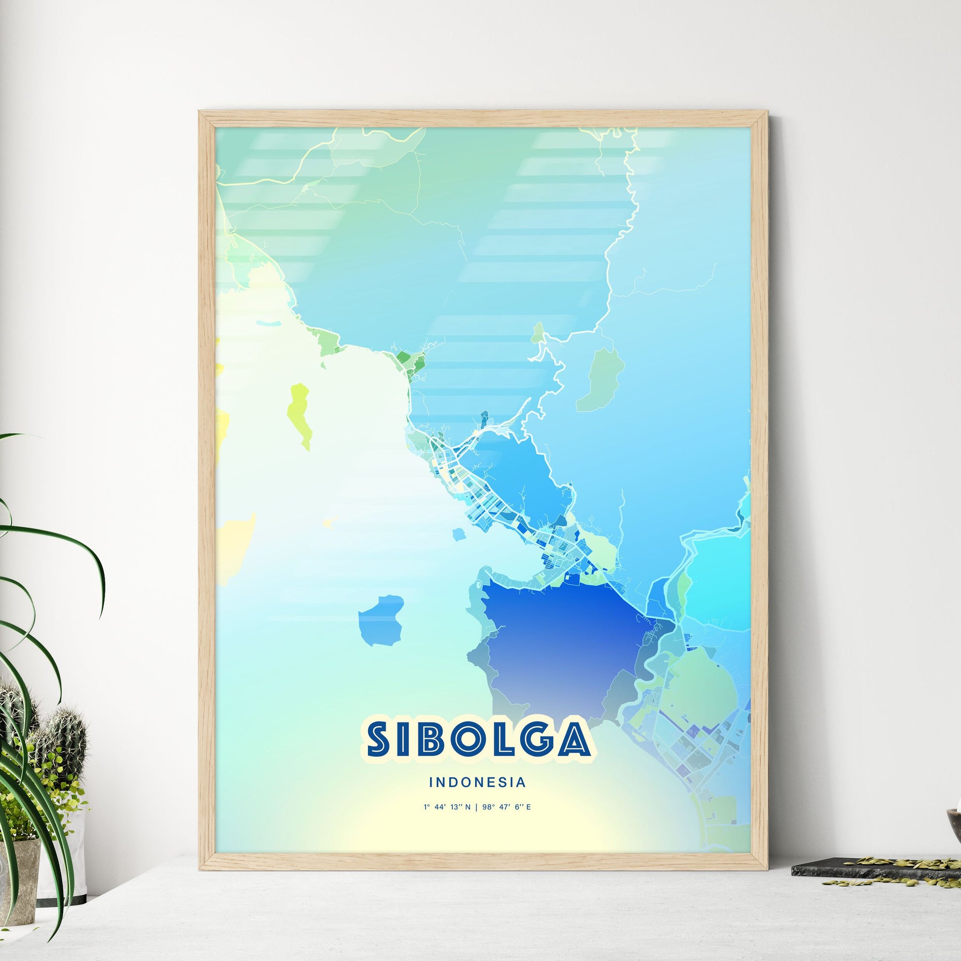 Colorful SIBOLGA INDONESIA Fine Art Map Cool Blue