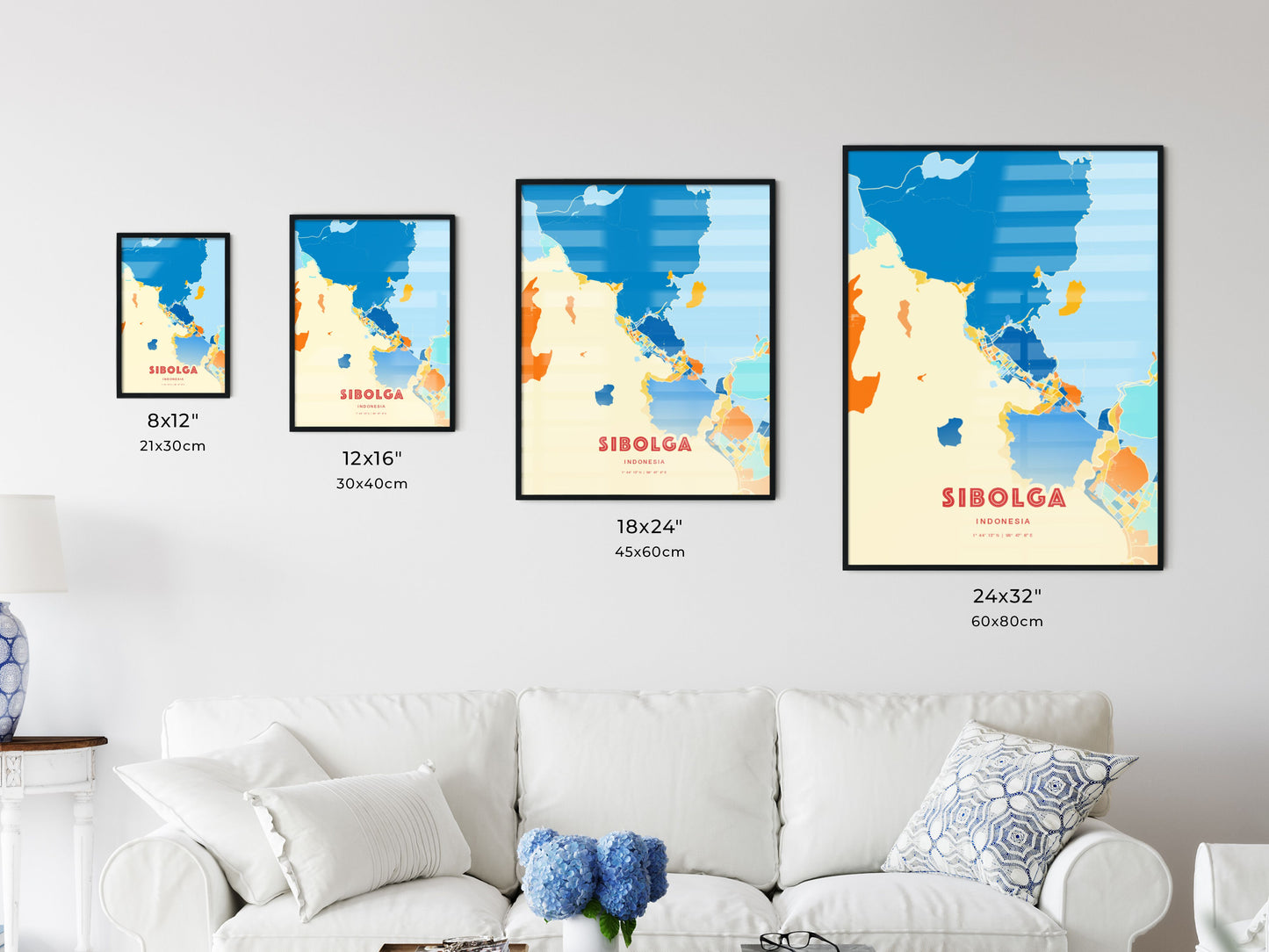 Colorful SIBOLGA INDONESIA Fine Art Map Blue Orange