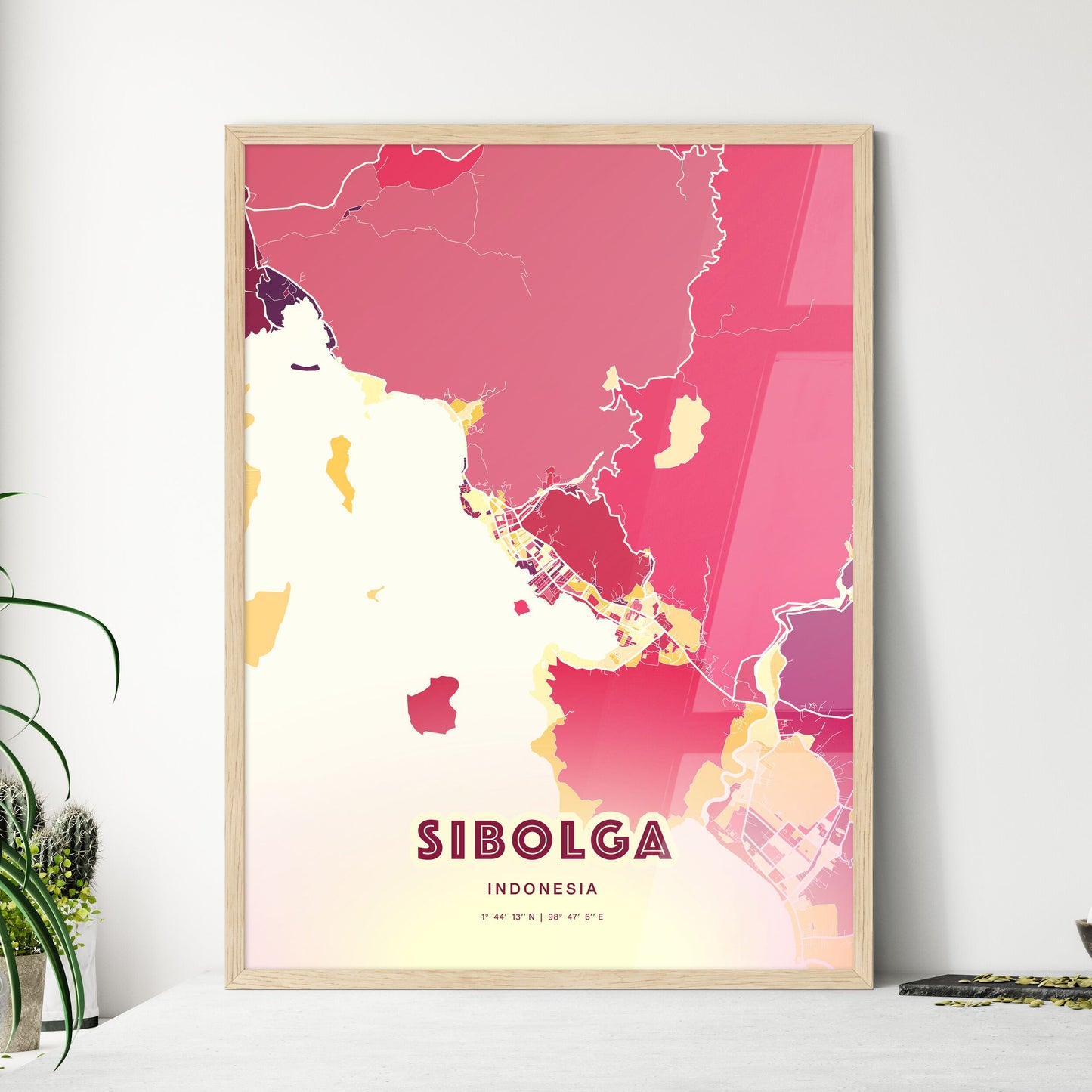 Colorful SIBOLGA INDONESIA Fine Art Map Hot Red