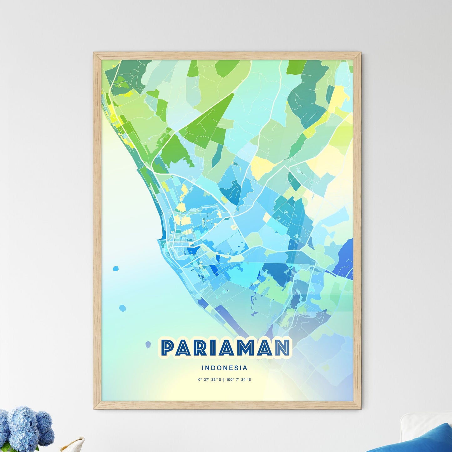 Colorful PARIAMAN INDONESIA Fine Art Map Cool Blue