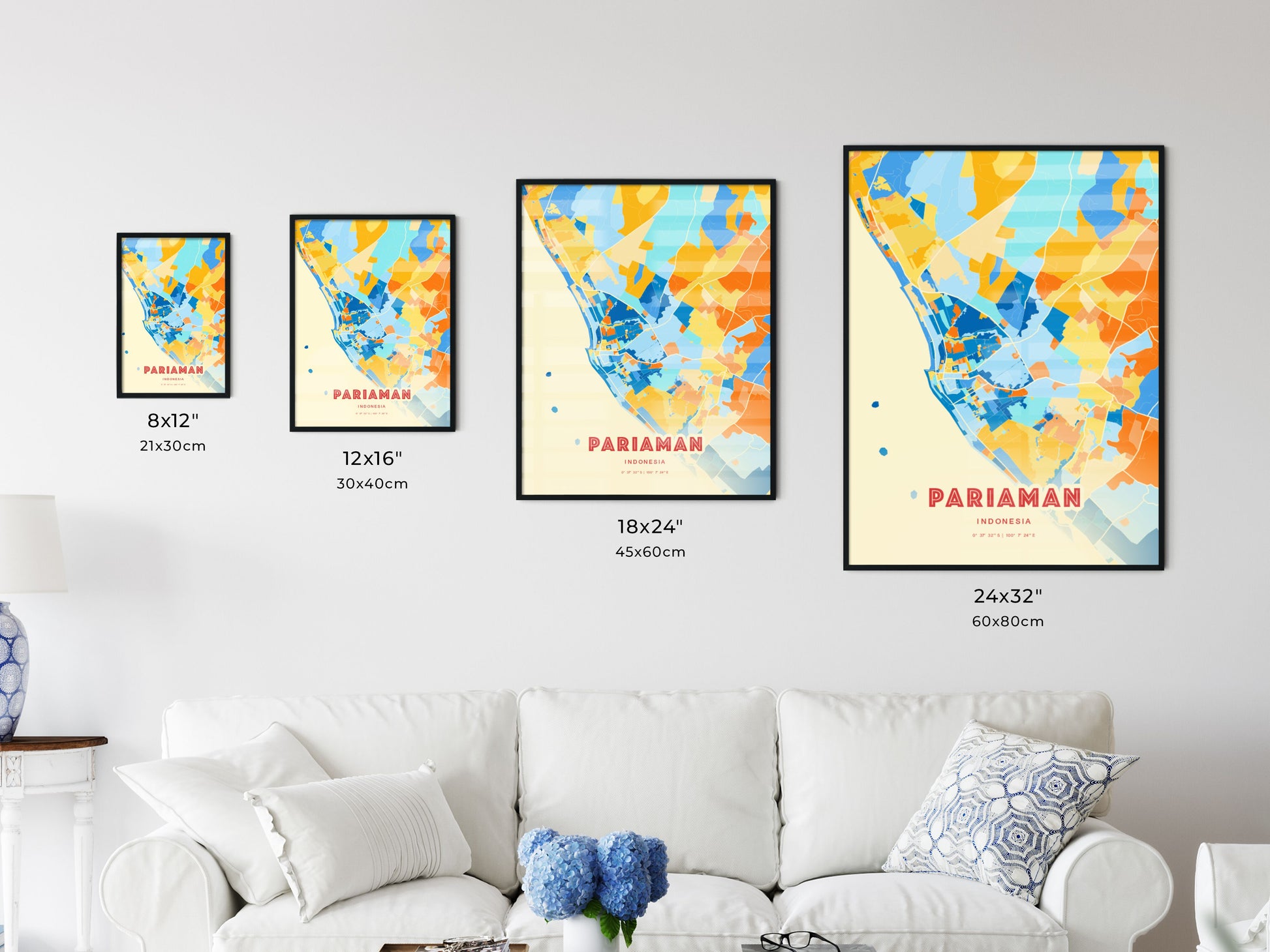 Colorful PARIAMAN INDONESIA Fine Art Map Blue Orange