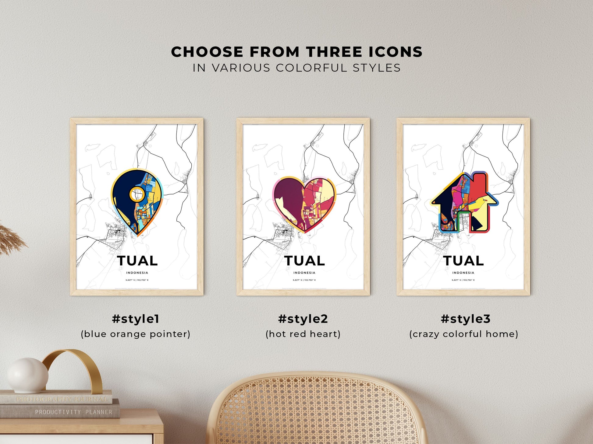 Tual Indonesia maps with colorful icons