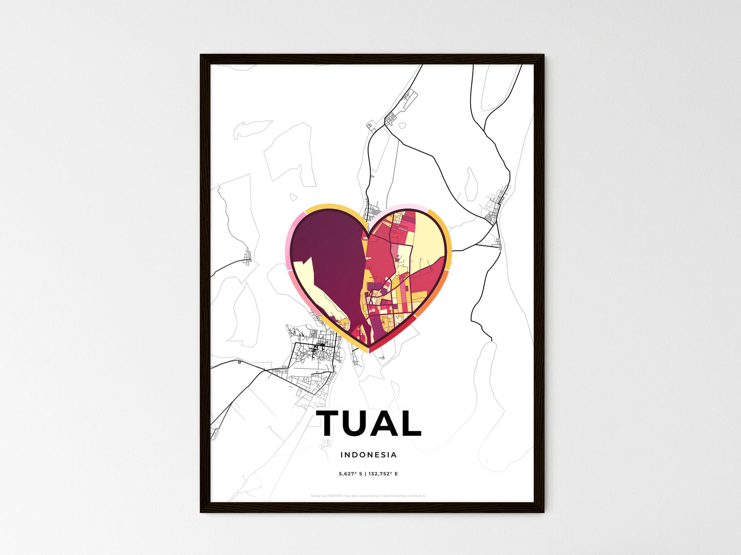Tual Indonesia wedding art map with heart icon