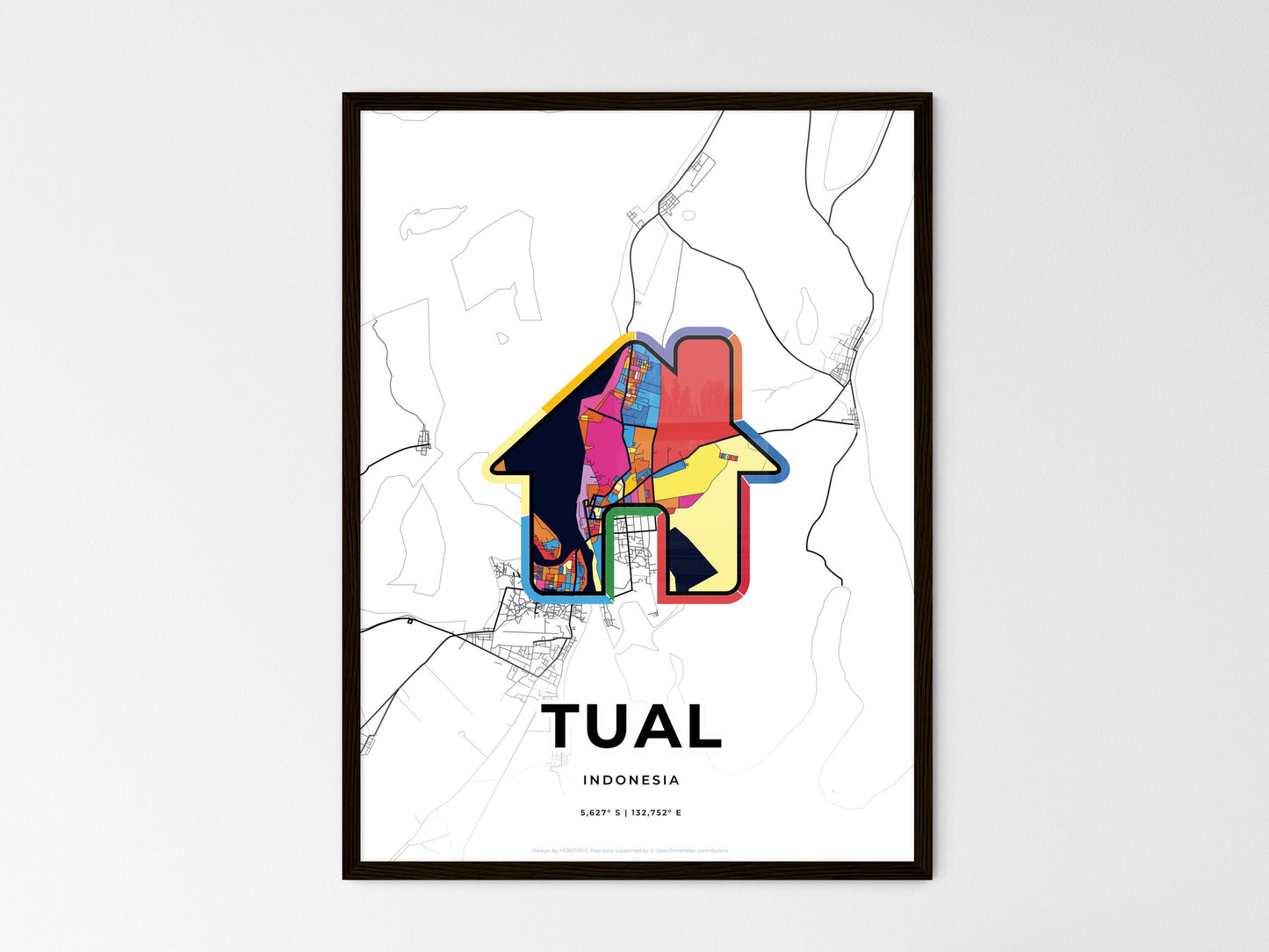 Tual Indonesia wedding art map with home icon