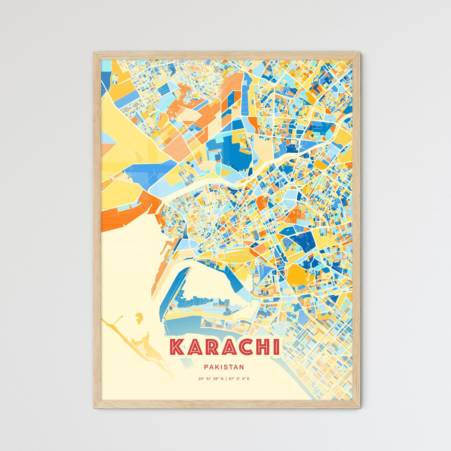 Colorful Karachi Pakistan Fine Art Map Blue Orange