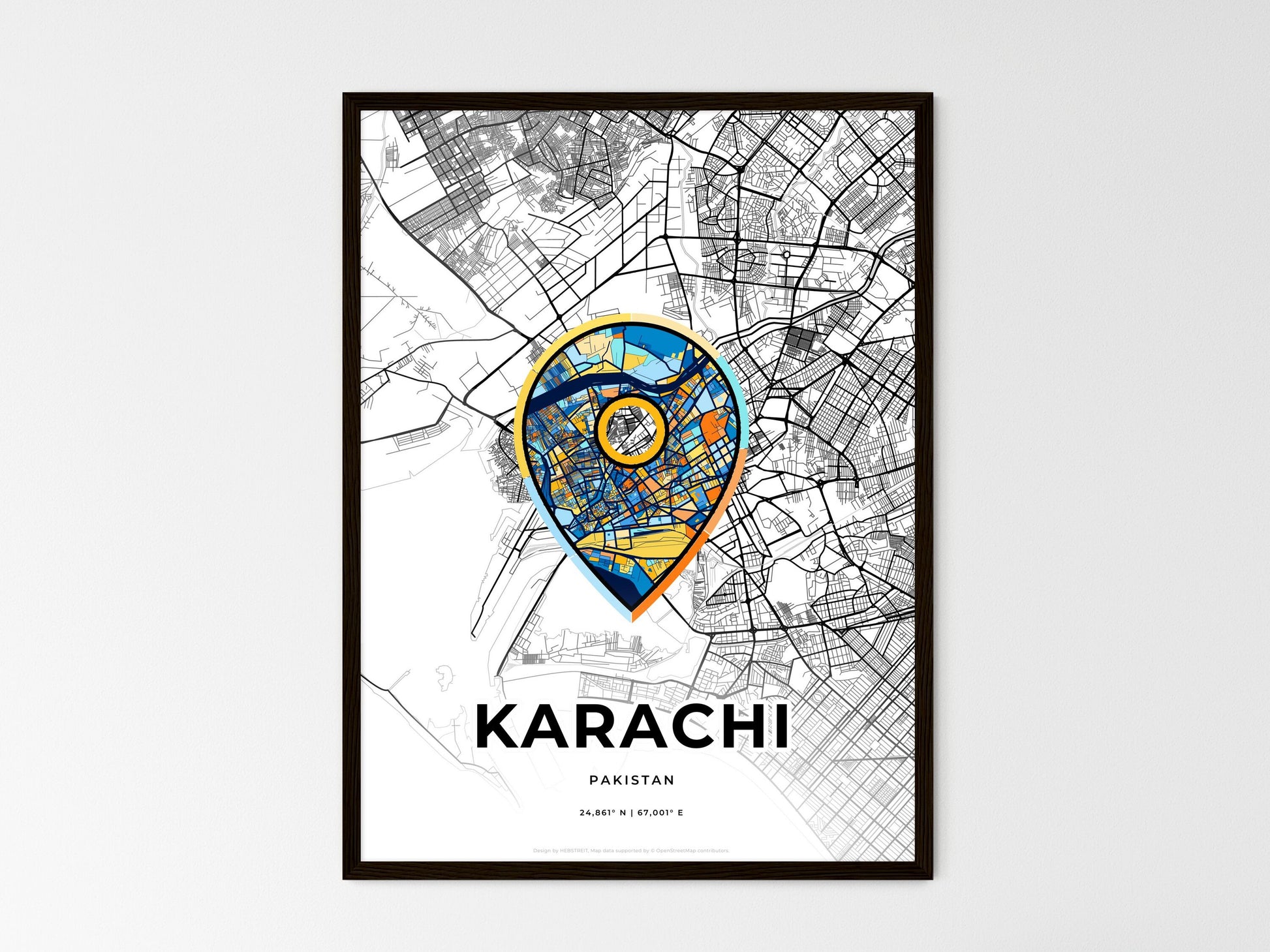KARACHI PAKISTAN minimal art map with a colorful icon. Where it all began, Couple map gift. Style 1