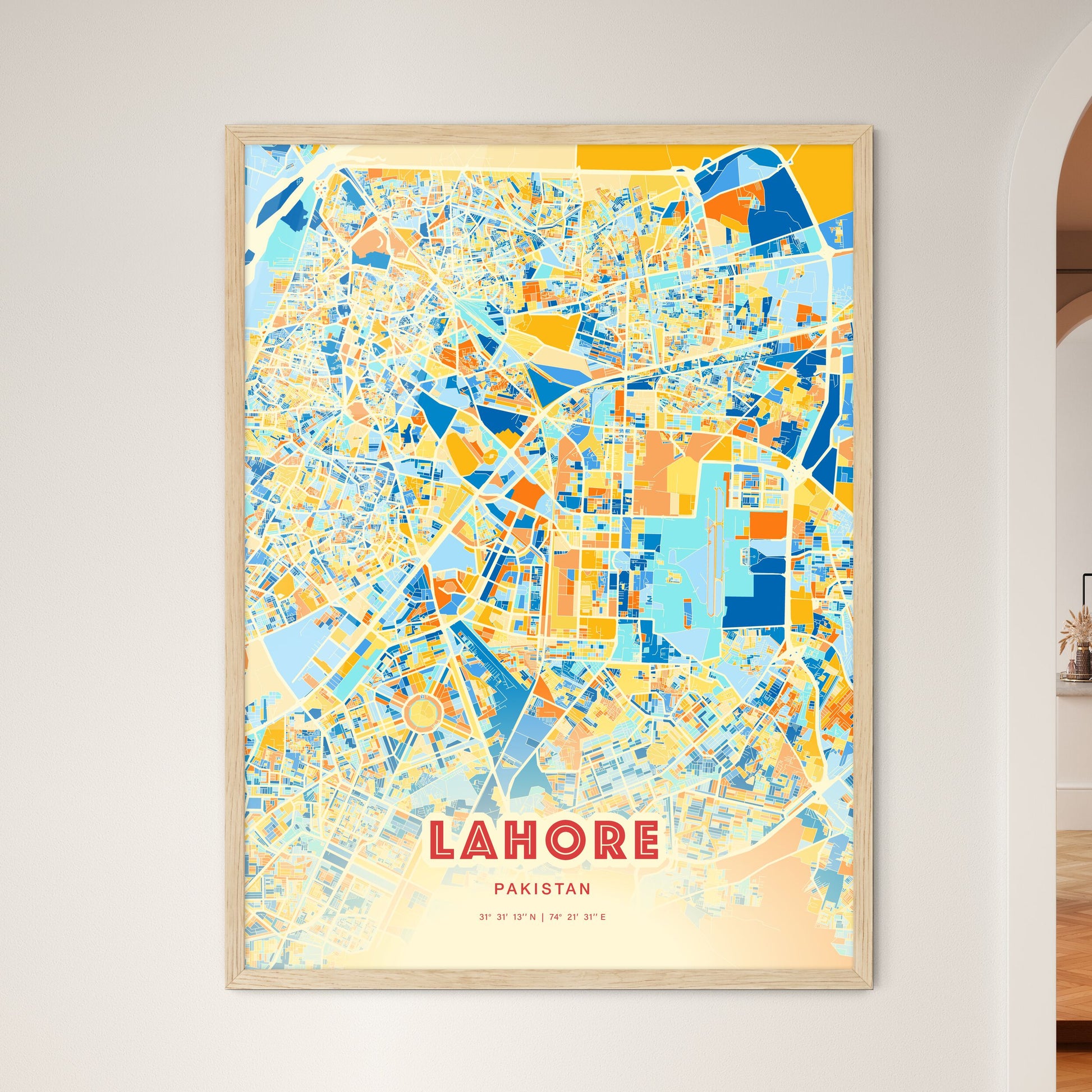 Colorful Lahore Pakistan Fine Art Map Blue Orange