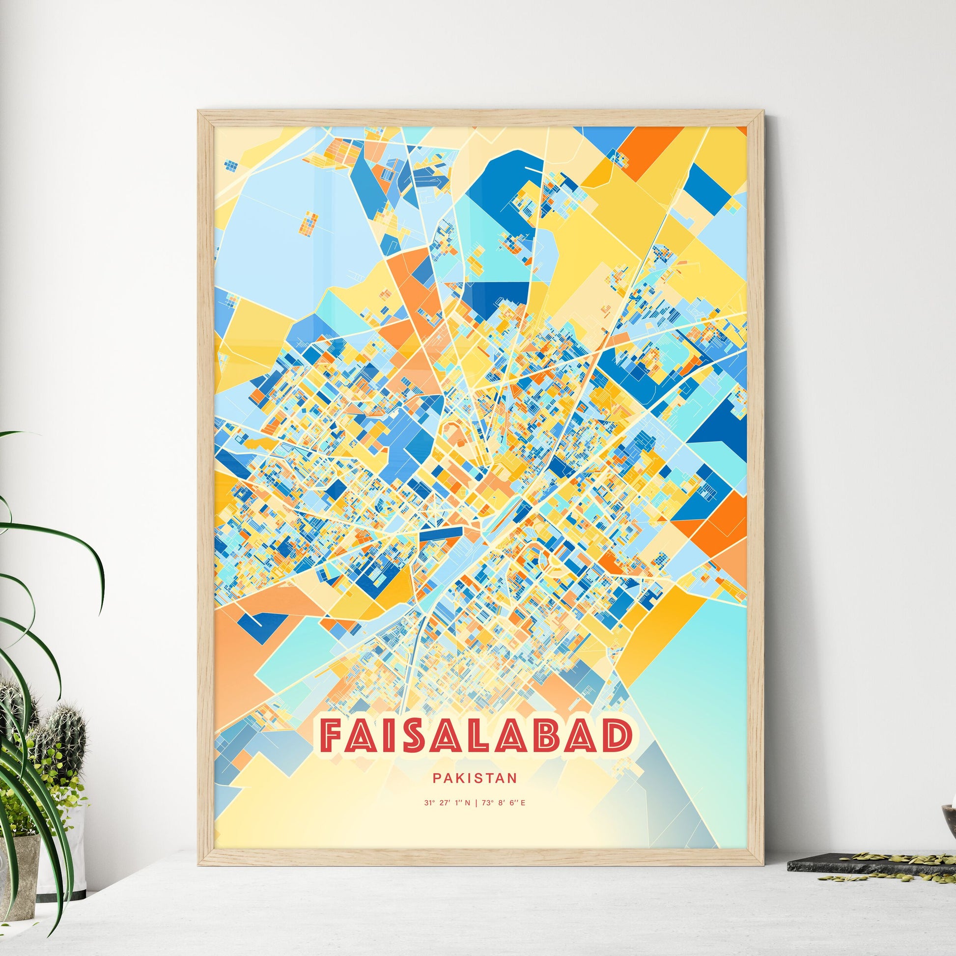 Colorful FAISALABAD PAKISTAN Fine Art Map Blue Orange