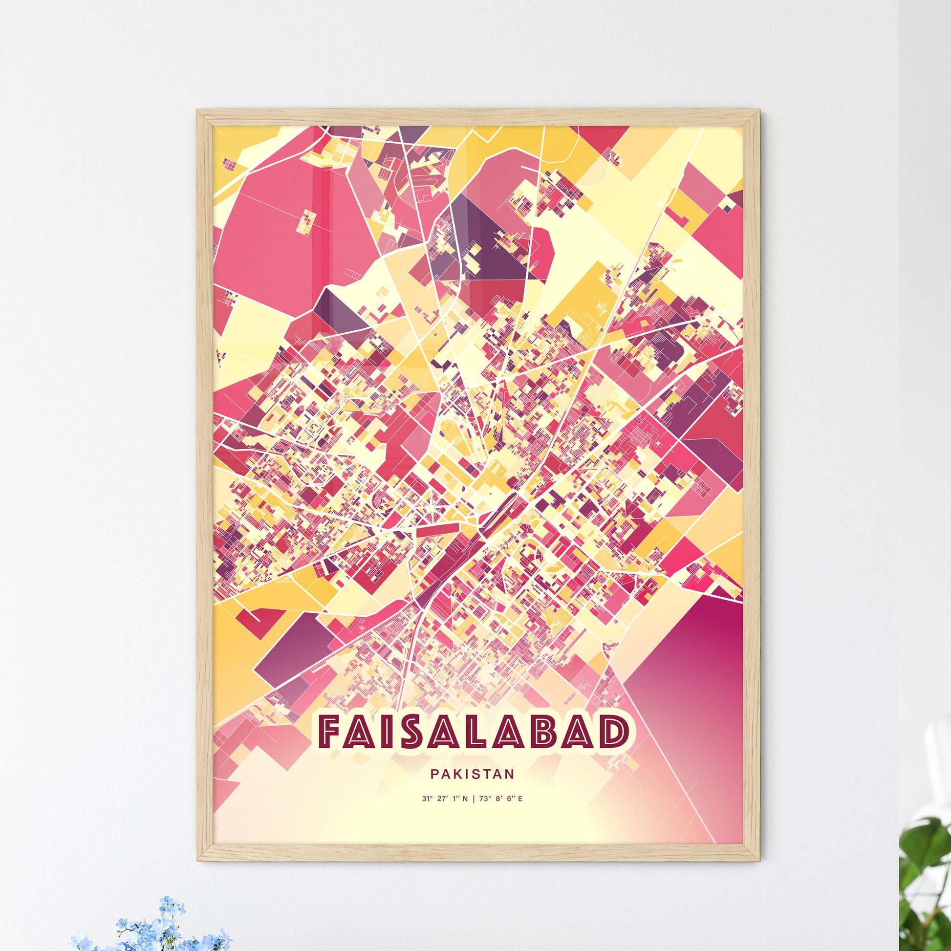 Colorful FAISALABAD PAKISTAN Fine Art Map Hot Red