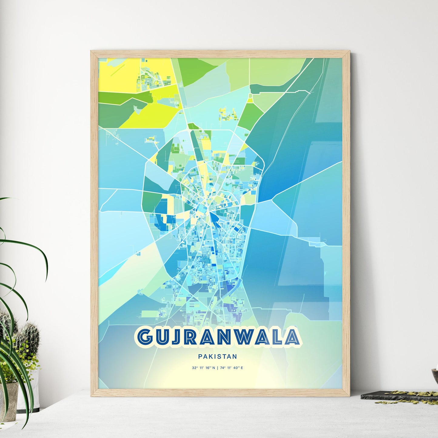 Colorful GUJRANWALA PAKISTAN Fine Art Map Cool Blue