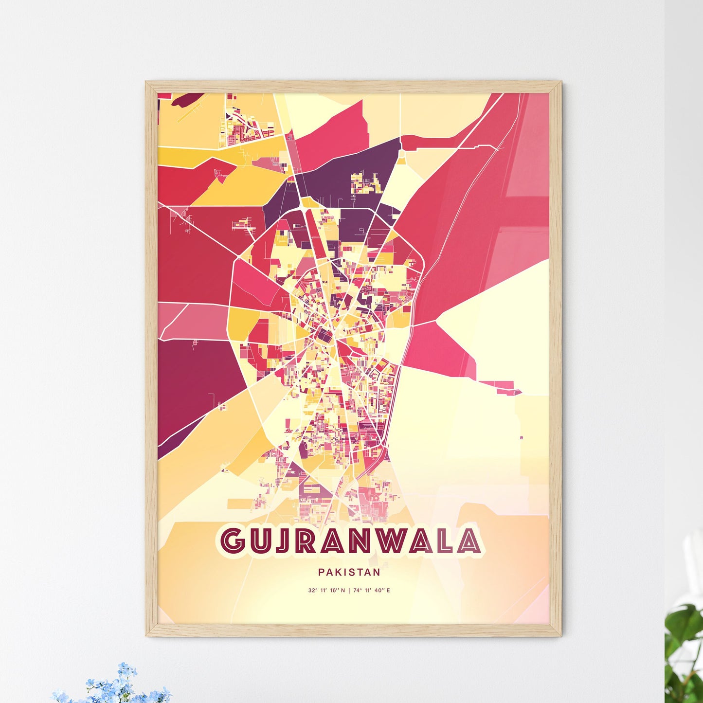 Colorful GUJRANWALA PAKISTAN Fine Art Map Hot Red