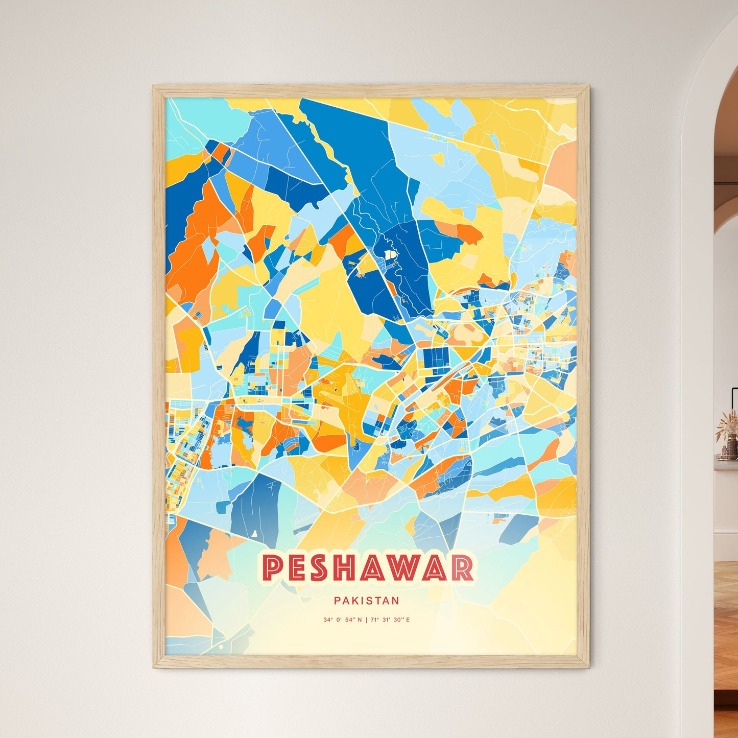 Colorful PESHAWAR PAKISTAN Fine Art Map Blue Orange