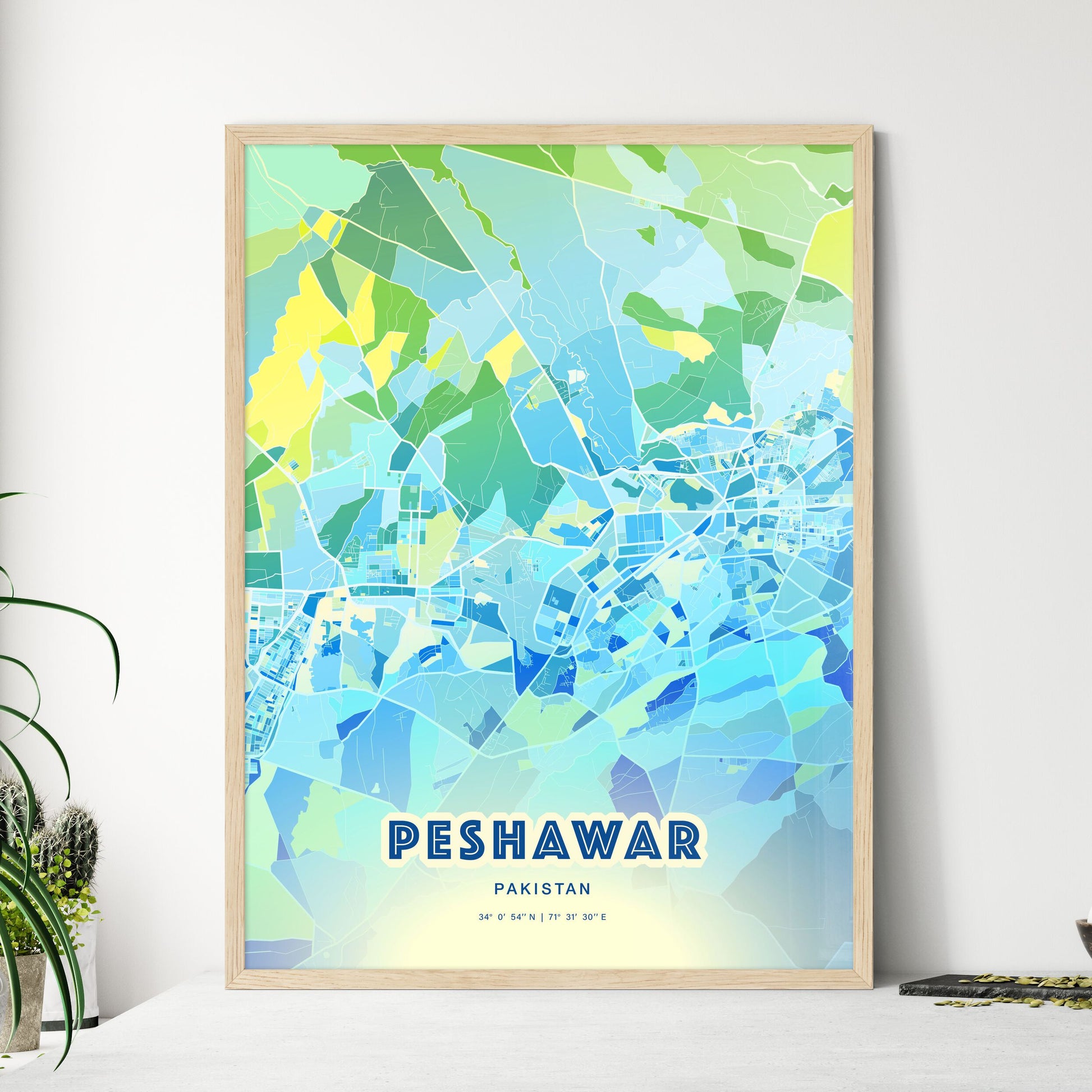 Colorful PESHAWAR PAKISTAN Fine Art Map Cool Blue