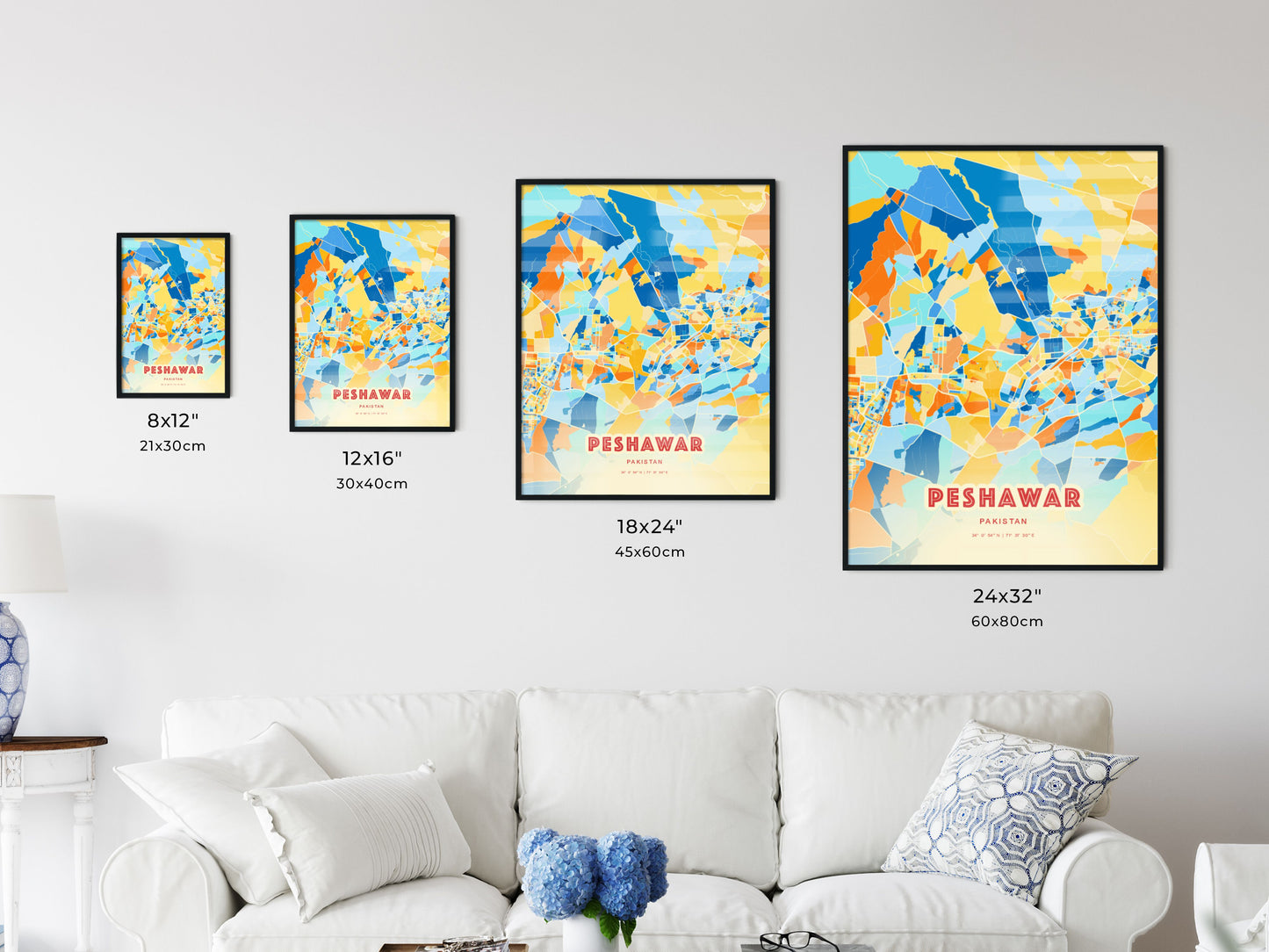 Colorful PESHAWAR PAKISTAN Fine Art Map Blue Orange