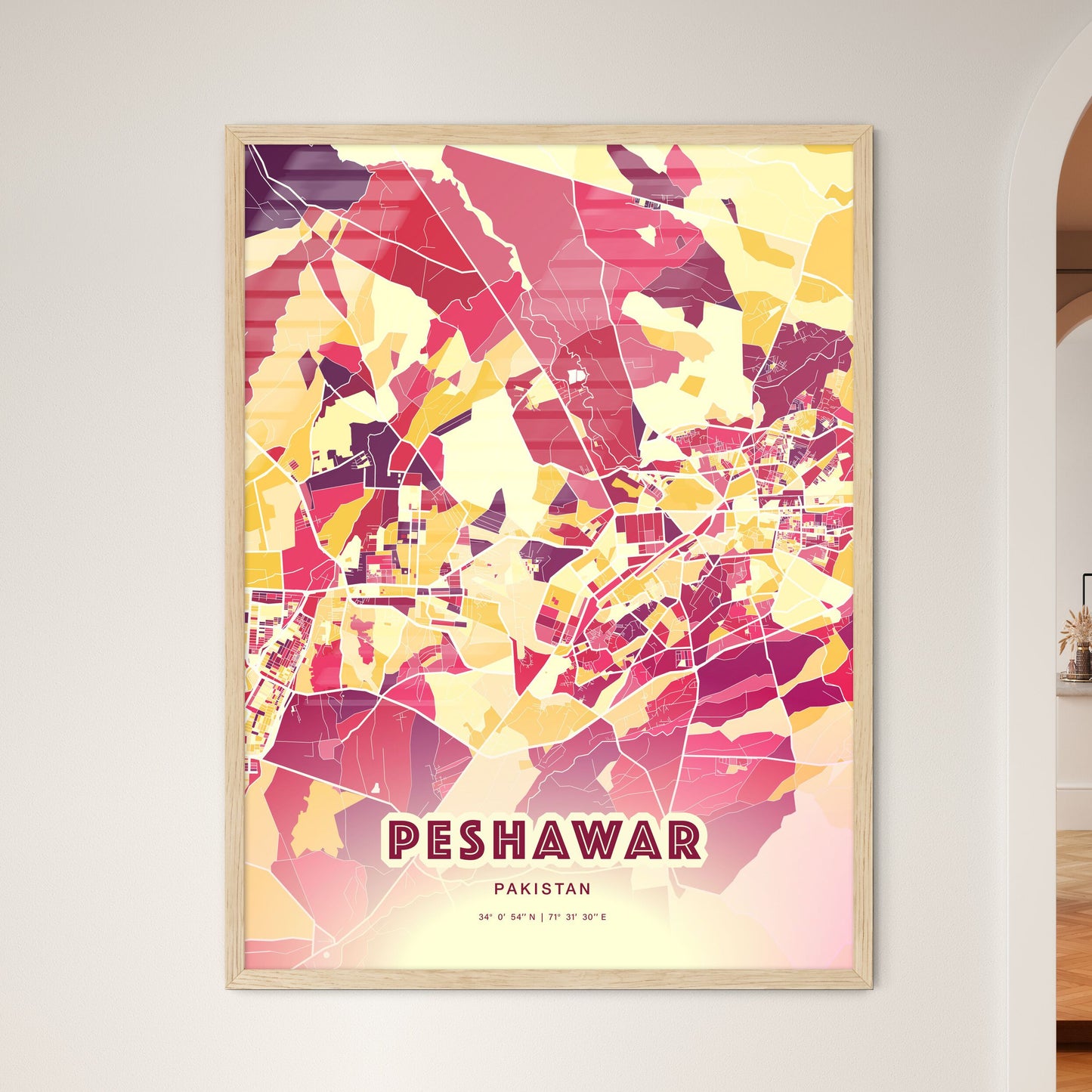 Colorful PESHAWAR PAKISTAN Fine Art Map Hot Red