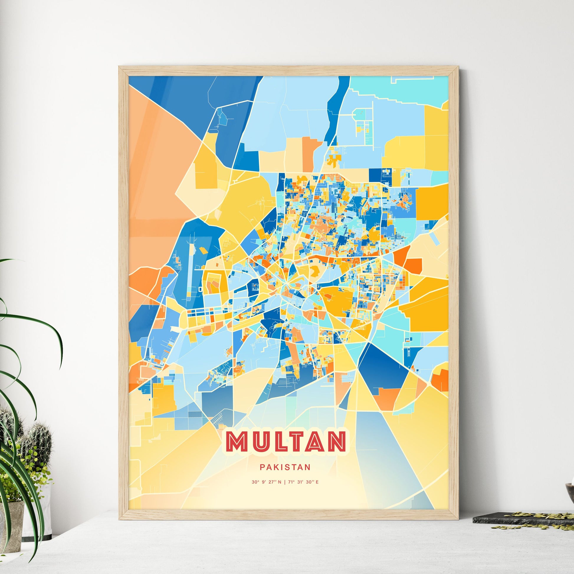 Colorful MULTAN PAKISTAN Fine Art Map Blue Orange