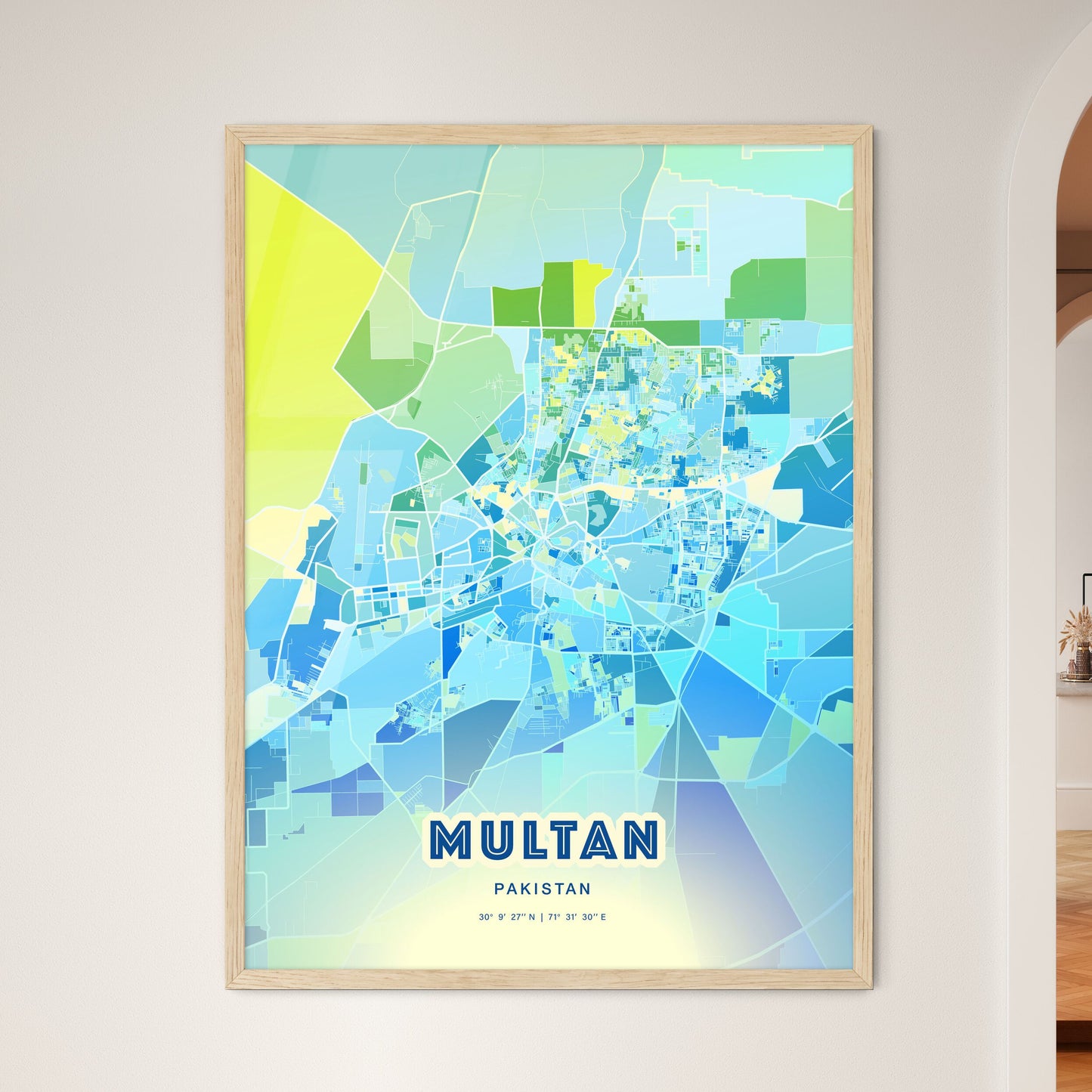 Colorful MULTAN PAKISTAN Fine Art Map Cool Blue