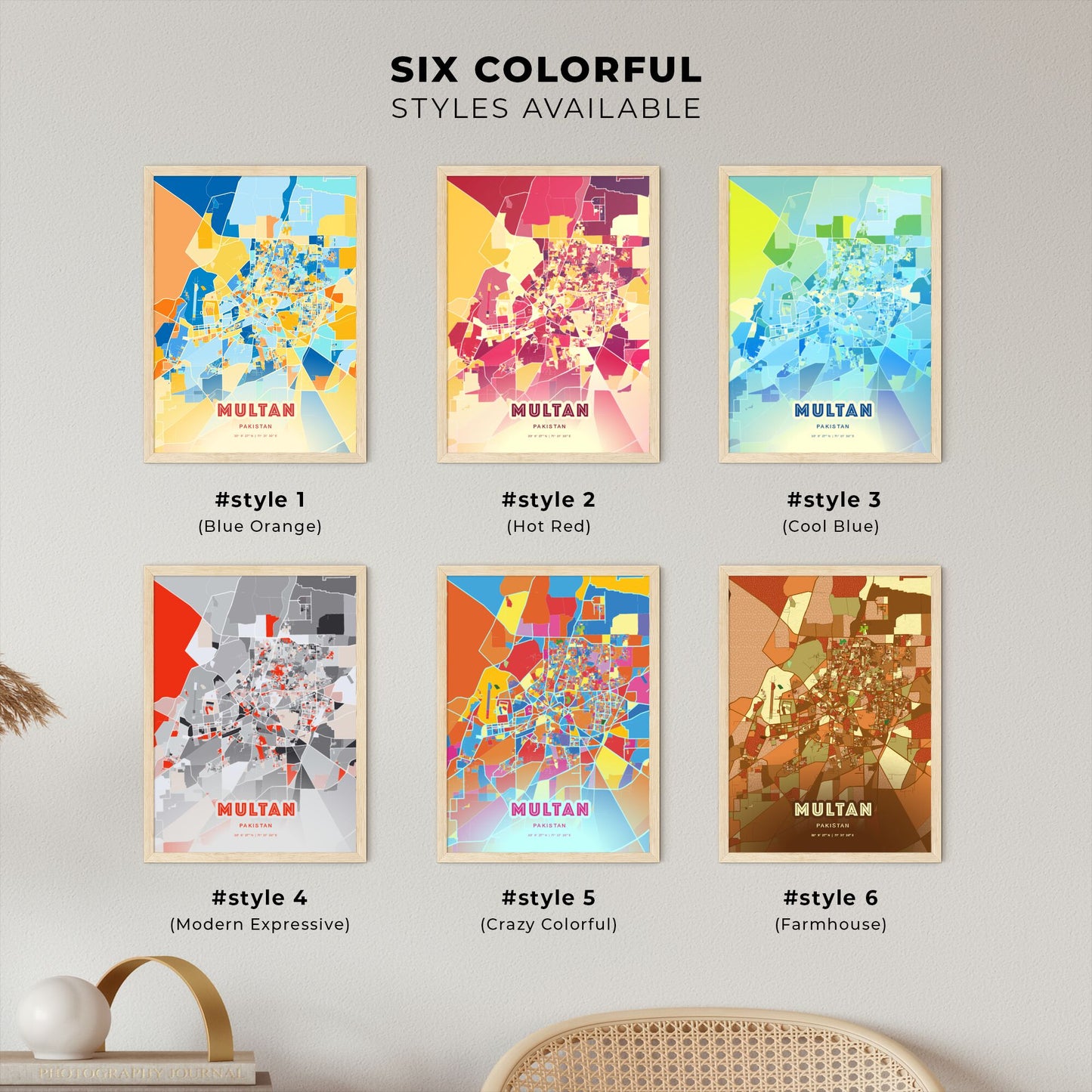 Colorful MULTAN PAKISTAN Fine Art Map Blue Orange