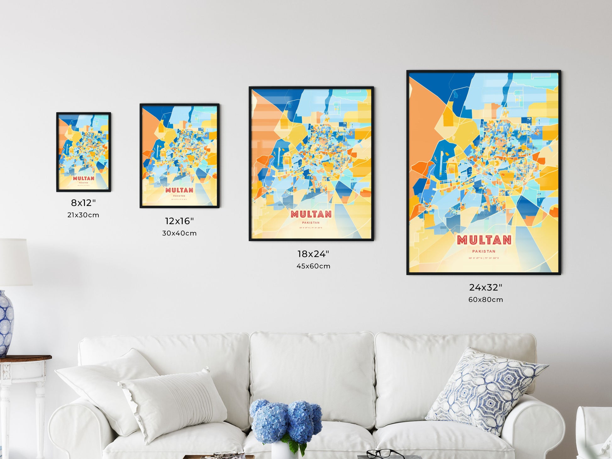 Colorful MULTAN PAKISTAN Fine Art Map Blue Orange