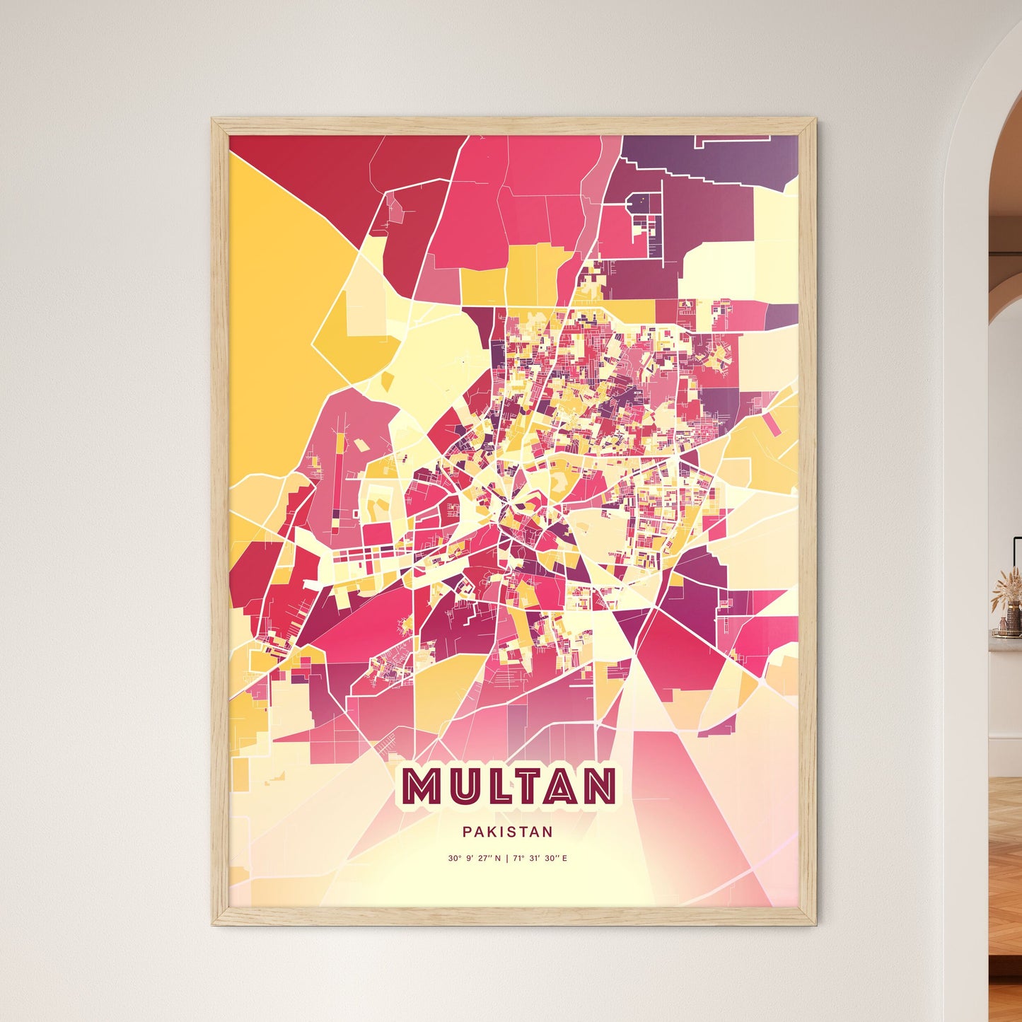 Colorful MULTAN PAKISTAN Fine Art Map Hot Red
