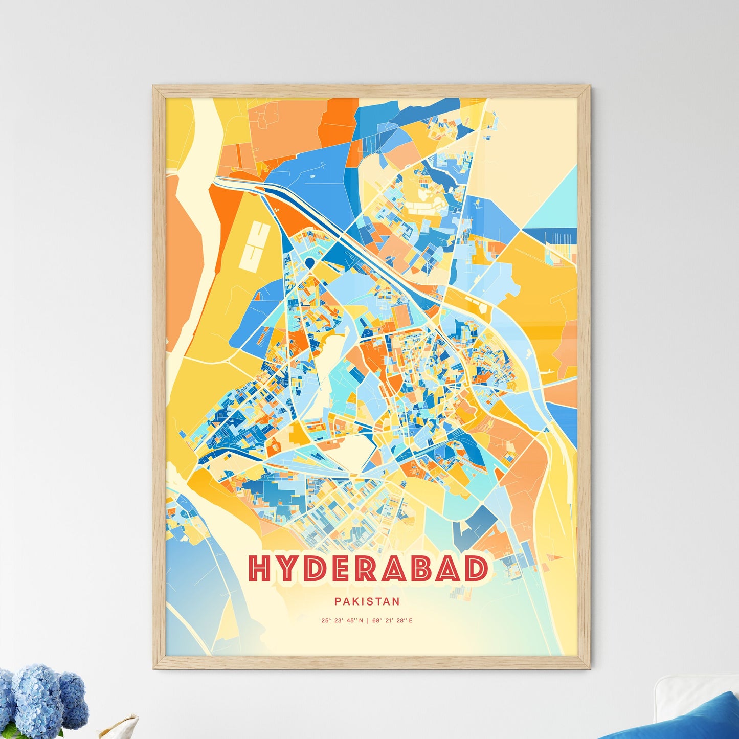 Colorful HYDERABAD PAKISTAN Fine Art Map Blue Orange