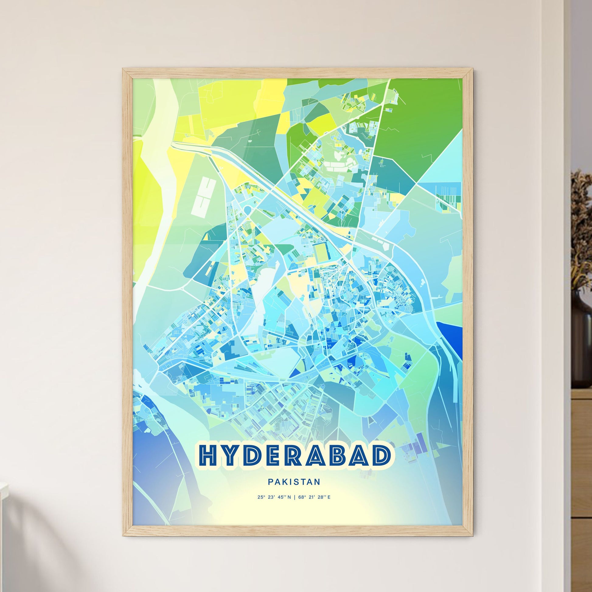 Colorful HYDERABAD PAKISTAN Fine Art Map Cool Blue