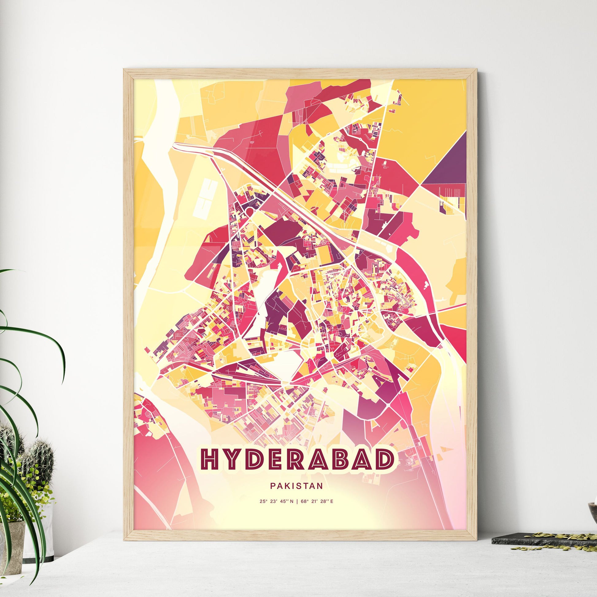 Colorful HYDERABAD PAKISTAN Fine Art Map Hot Red