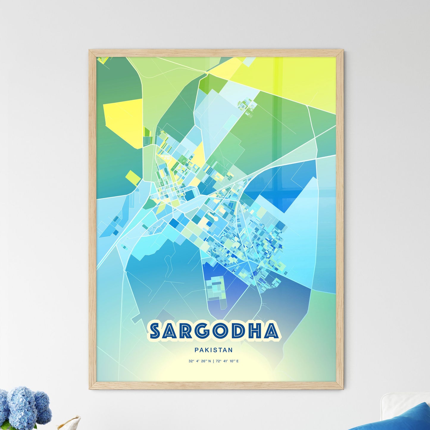 Colorful SARGODHA PAKISTAN Fine Art Map Cool Blue