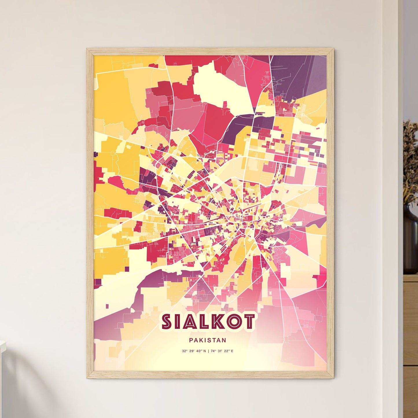 Colorful SIALKOT PAKISTAN Fine Art Map Hot Red