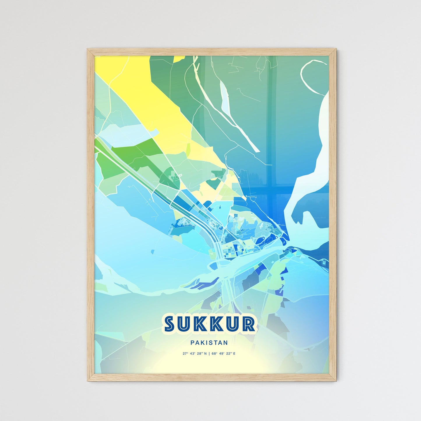 Colorful SUKKUR PAKISTAN Fine Art Map Cool Blue