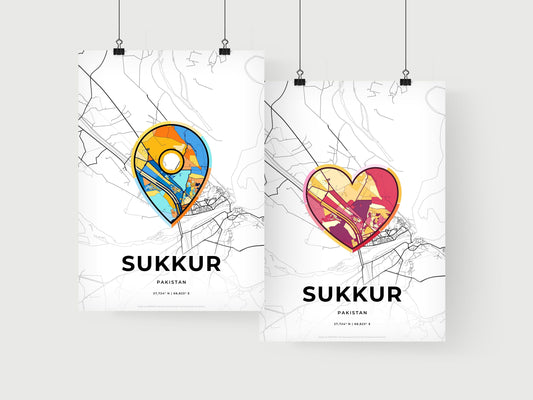 SUKKUR PAKISTAN minimal art map with a colorful icon. Where it all began, Couple map gift.