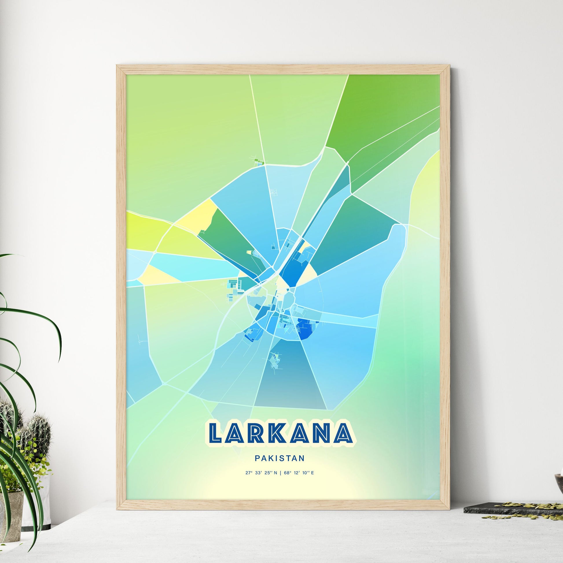 Colorful LARKANA PAKISTAN Fine Art Map Cool Blue