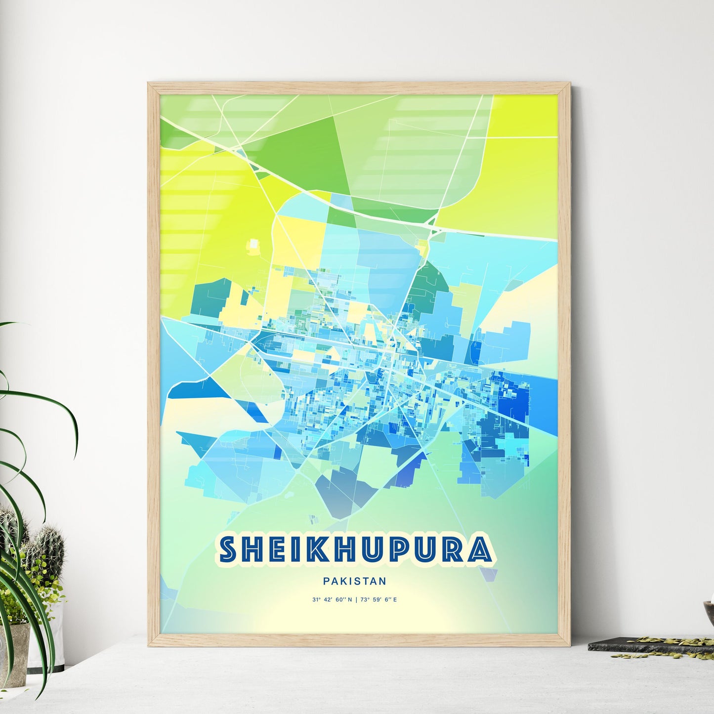 Colorful SHEIKHUPURA PAKISTAN Fine Art Map Cool Blue